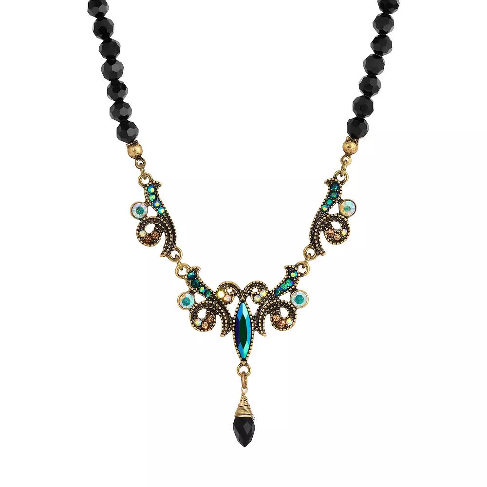 1928 Gold Tone Blue Iridescent Glass Stone and Jet Black Bead Necklace, Womens Product Image