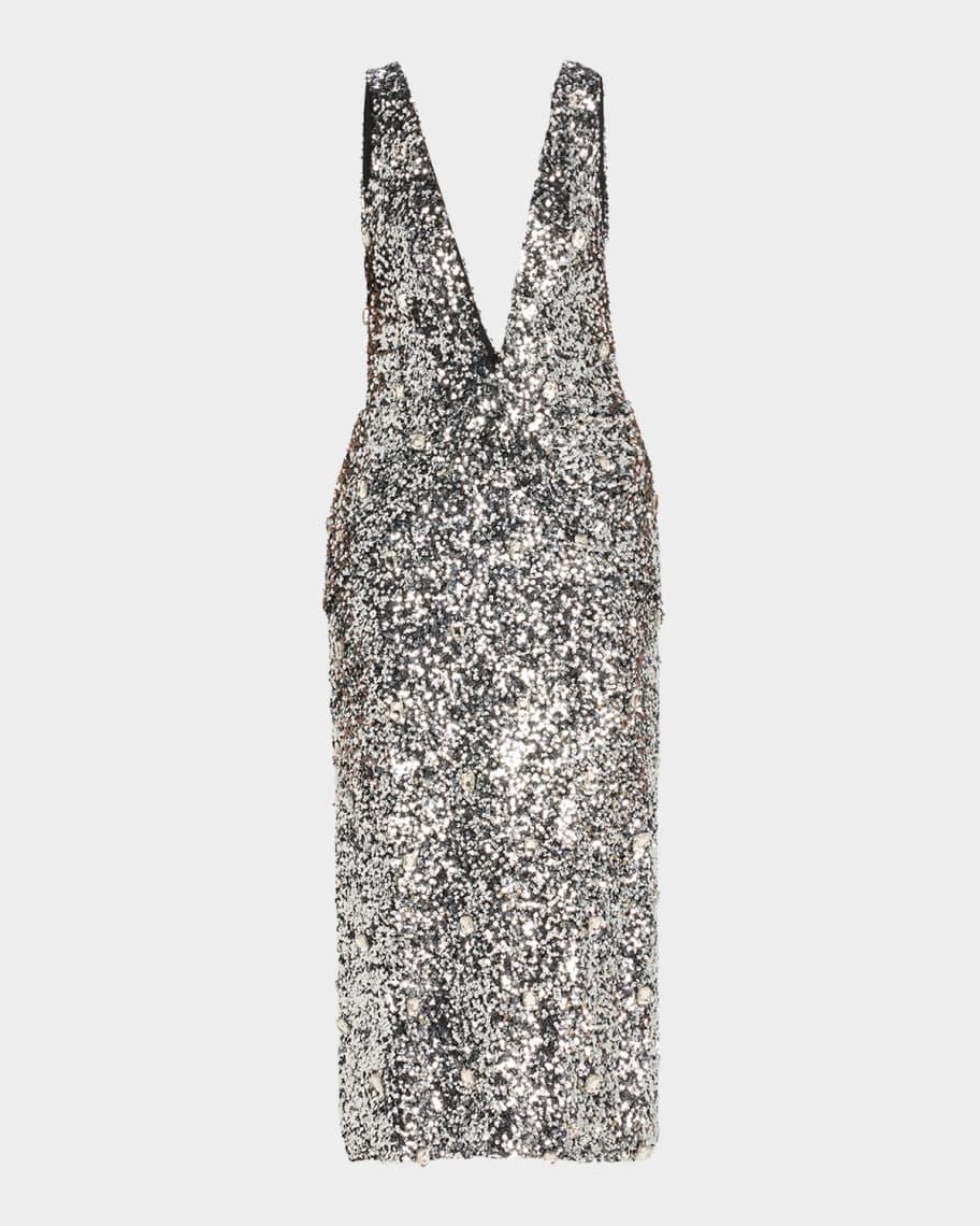 Santha Plunging Draped Sequin Midi Dress Product Image