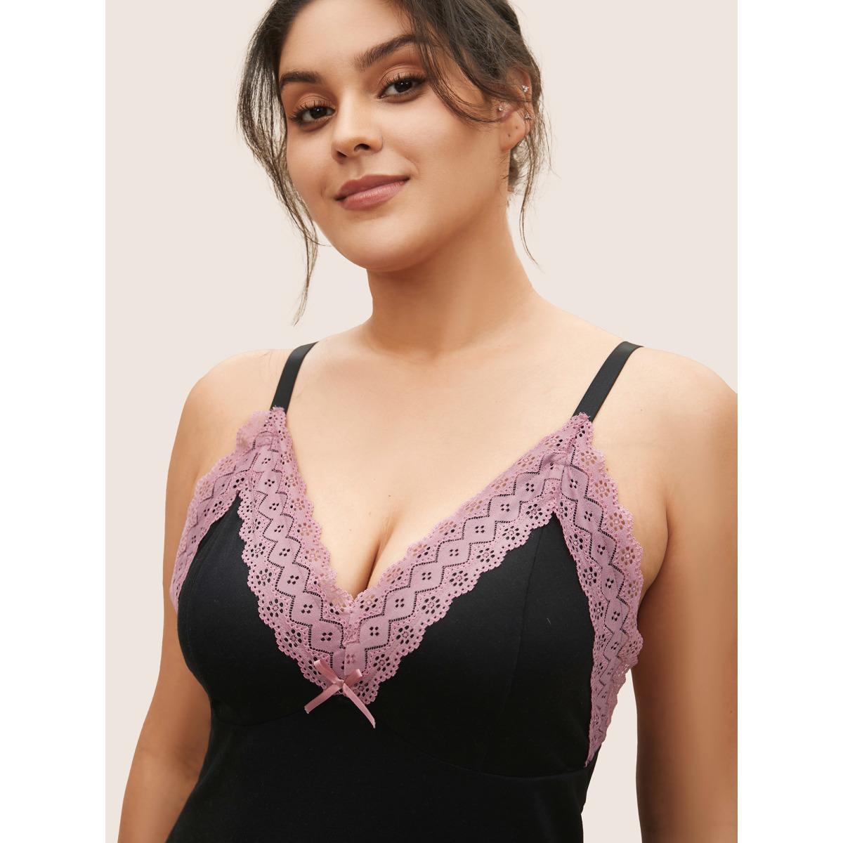 Plus Size Patchwork Bowknot Lace Panel Loungewear Set Women Black See through Sleeveless Deep V-neck Lounge Loungewear Sets BloomChic 26/4X Product Image
