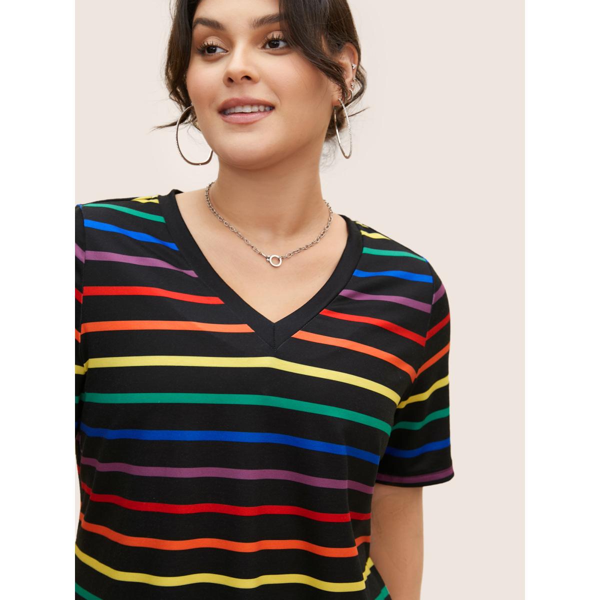 Plus Size V Neck Contrast Striped Stretched T-shirt Multicolor Women Casual Contrast V-neck Everyday T-shirts BloomChic 14-16/1X Product Image