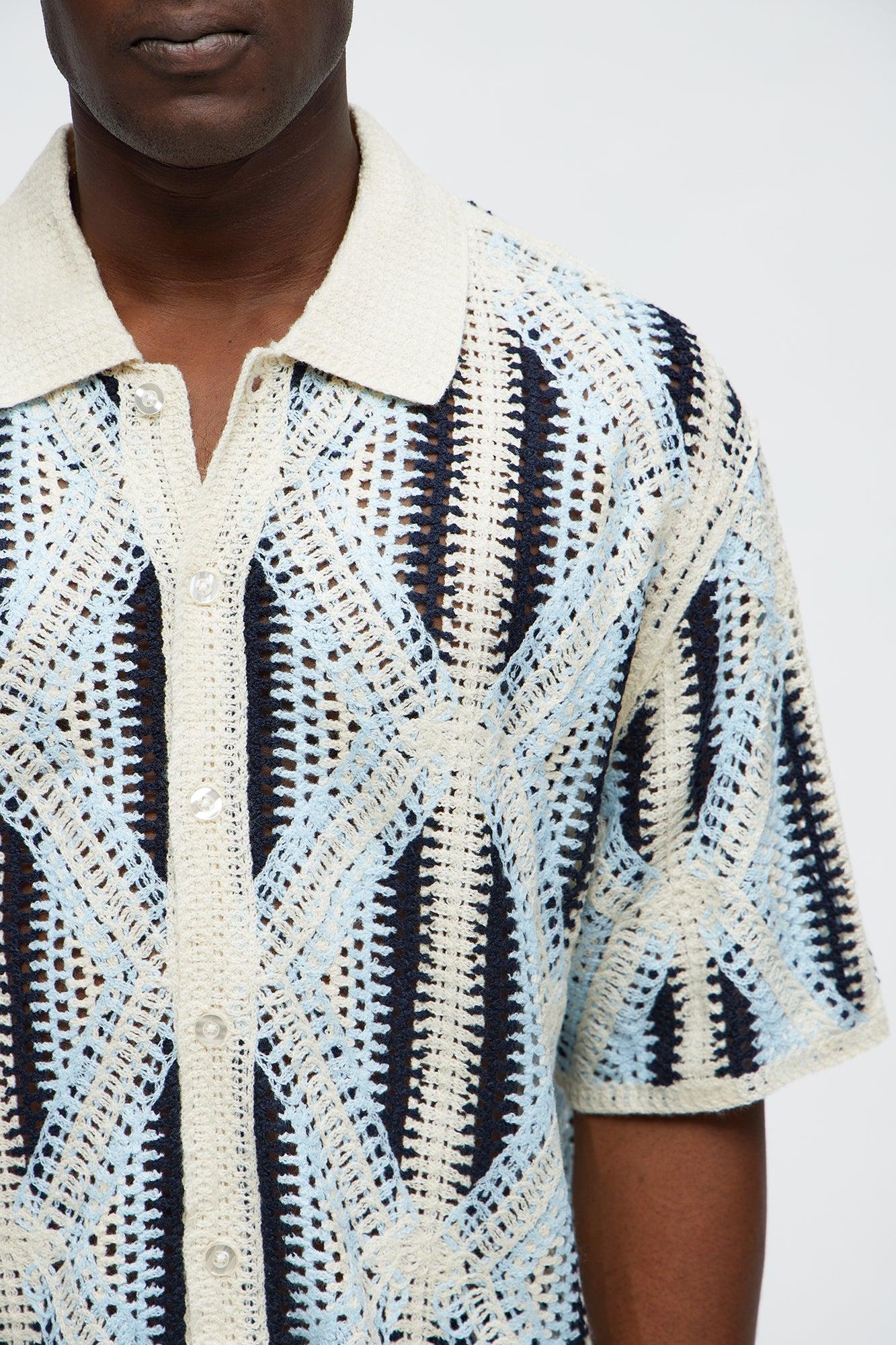 Cropped Relaxed Triangles Knit Closed Collar Shirt - Blue/combo Male Product Image