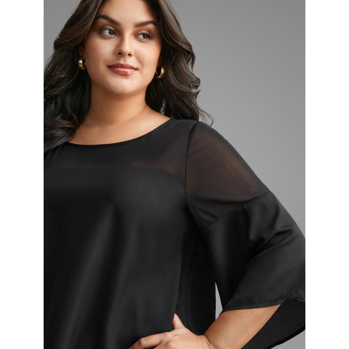 Plus Size Black Crew Neck Mesh Patchwork Bell Sleeve Blouse Women Elegant Elbow-length sleeve Round Neck Everyday Blouses BloomChic 14-16/1X Product Image