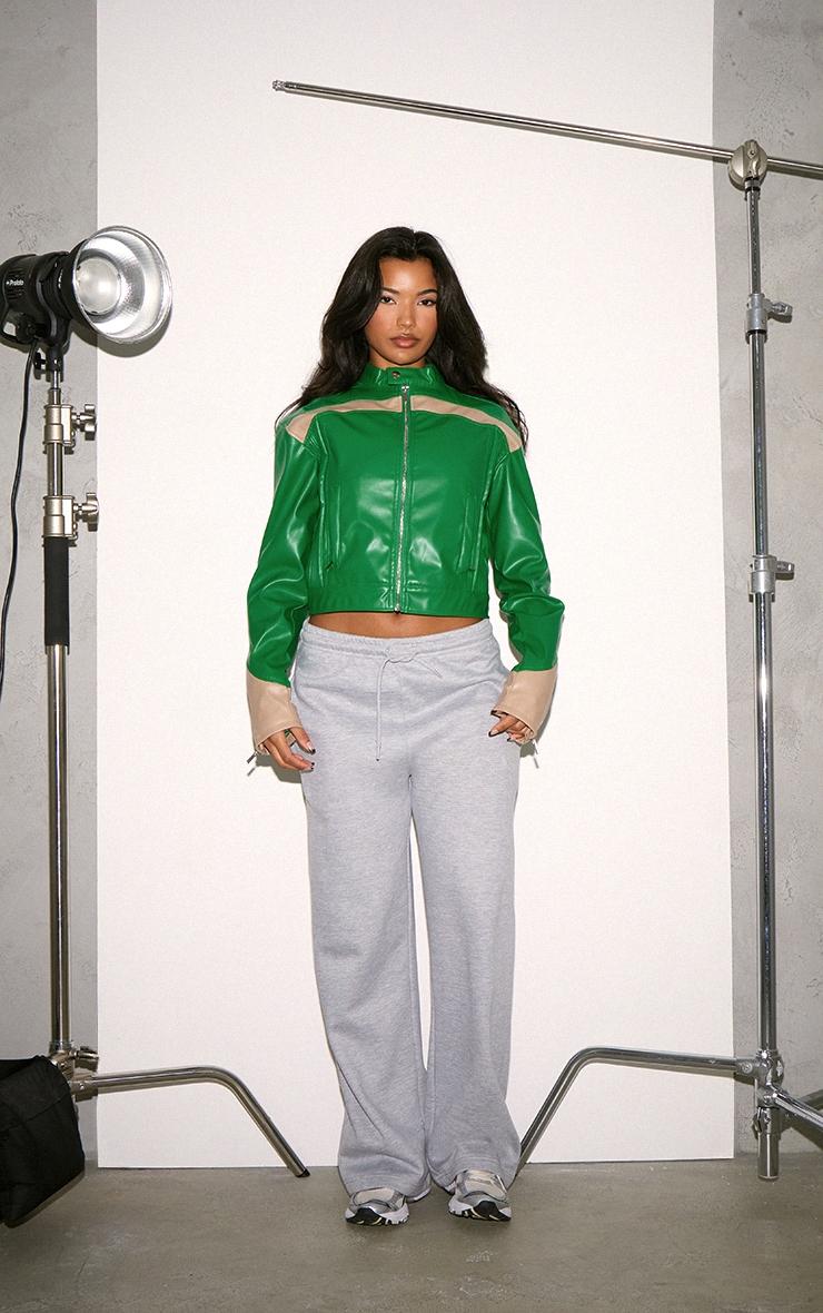 Green PU Racer Neck Pleated Detail Jacket Product Image