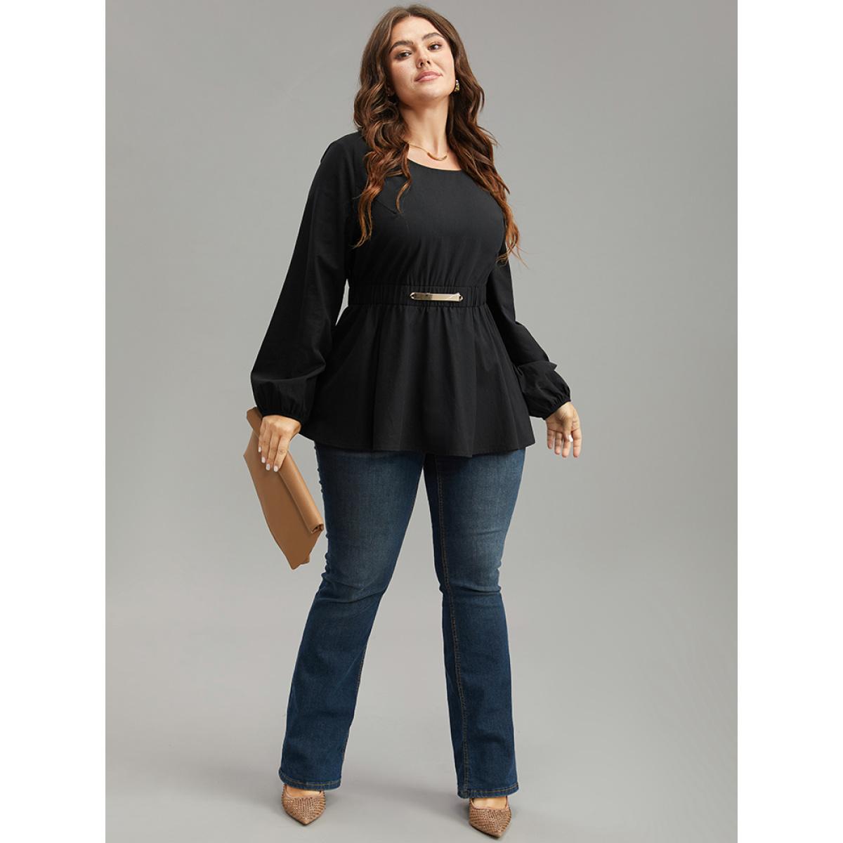 Plus Size Black Cotton Solid Metal Detail Lantern Sleeve Blouse Women Office Long Sleeve Round Neck Work Blouses BloomChic 26/4X Product Image