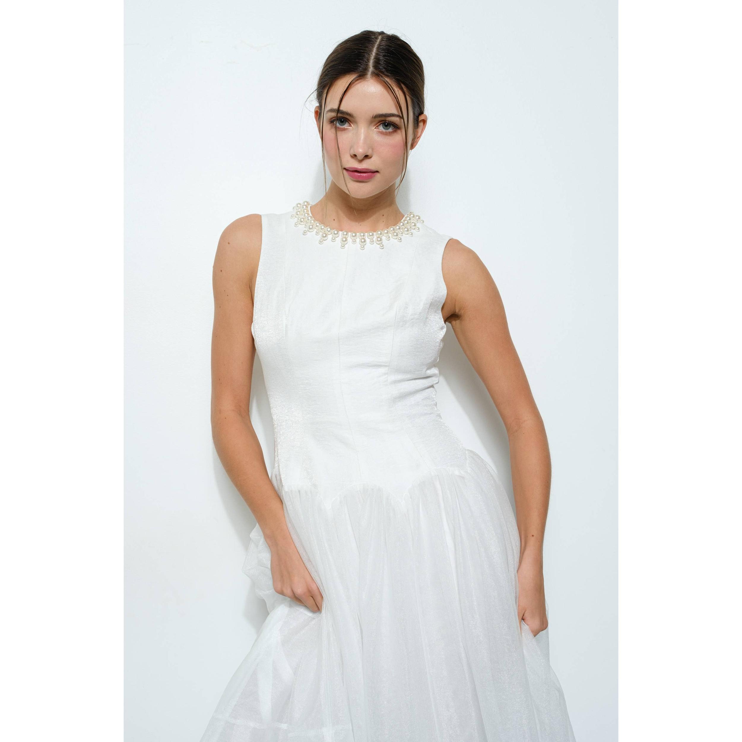 Pearl Embellished Tulle Midi Dress Product Image