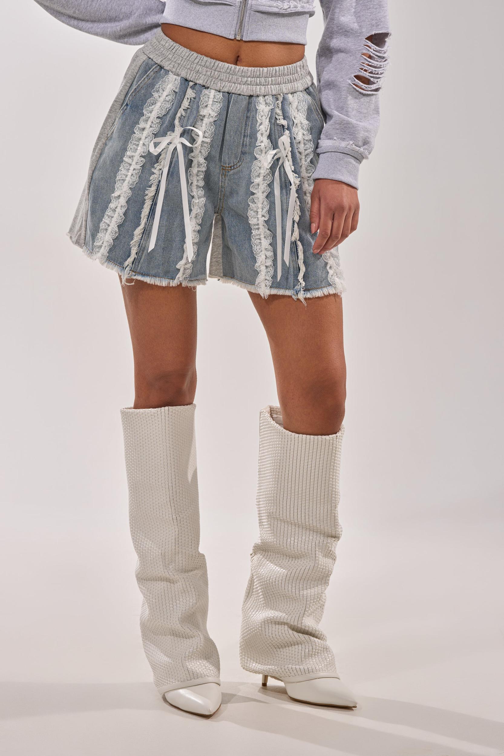 TIED AND LACED DENIM SHORTS Product Image