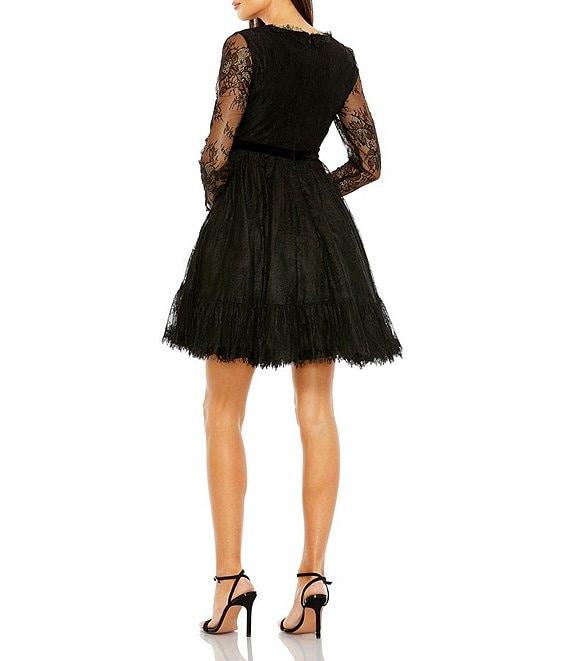 Mac Duggal Long Sleeve V-Neck Lace A-Line Dress Product Image