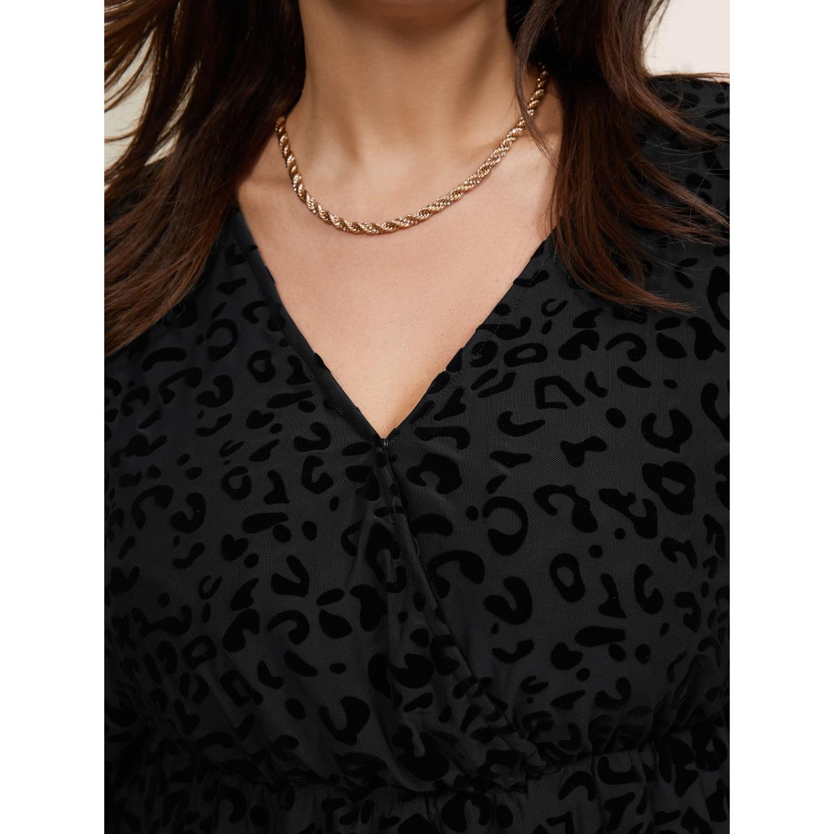 Plus Size Black Leopard Flocking Mesh Patchwork Wrap Blouse Women Glamour Long Sleeve V-neck Going out Blouses BloomChic 14-16/1X Product Image