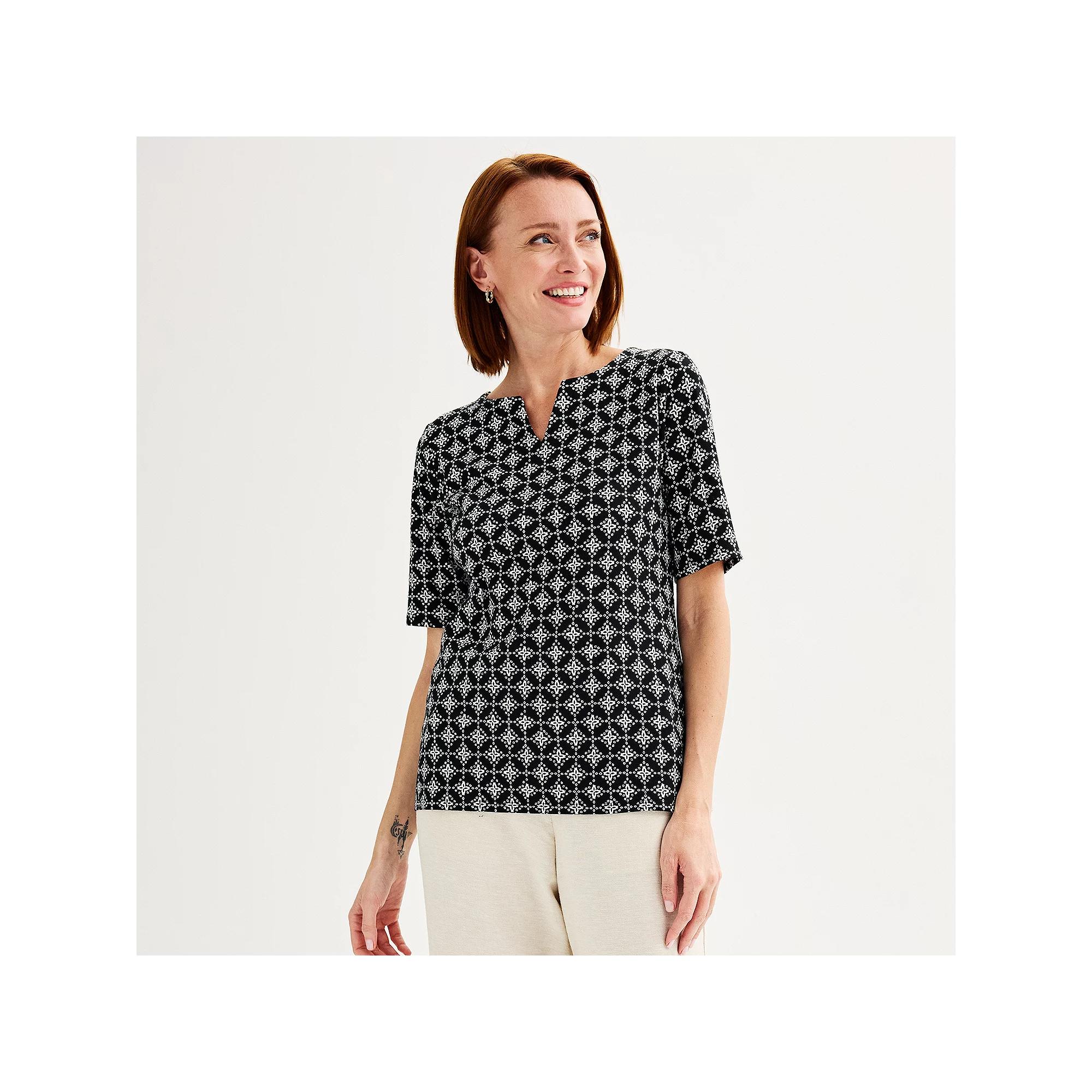 Women's Croft & Barrow® Elbow-Sleeve Splitneck Top, Size: XS, Black Window Tile Product Image