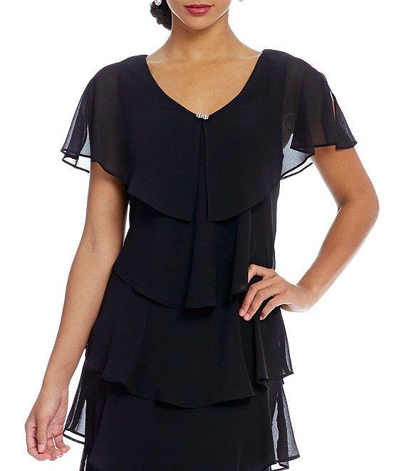 Ignite Evenings Petite Size Georgette V-Neck Short Sleeve Tiered Capelet Shift Dress Product Image