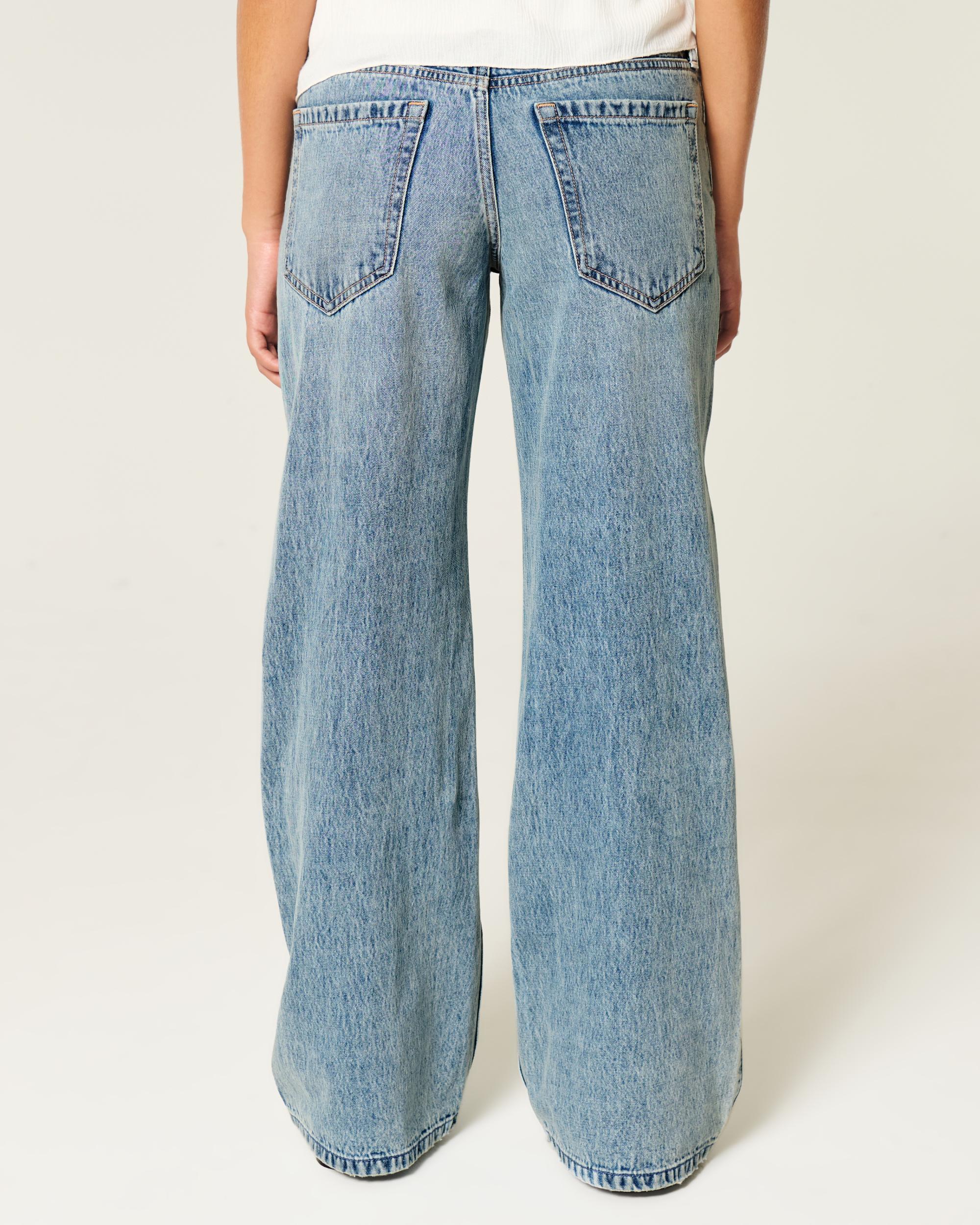 Low-Rise Medium Wash Rhinestone Baggy Jeans Product Image