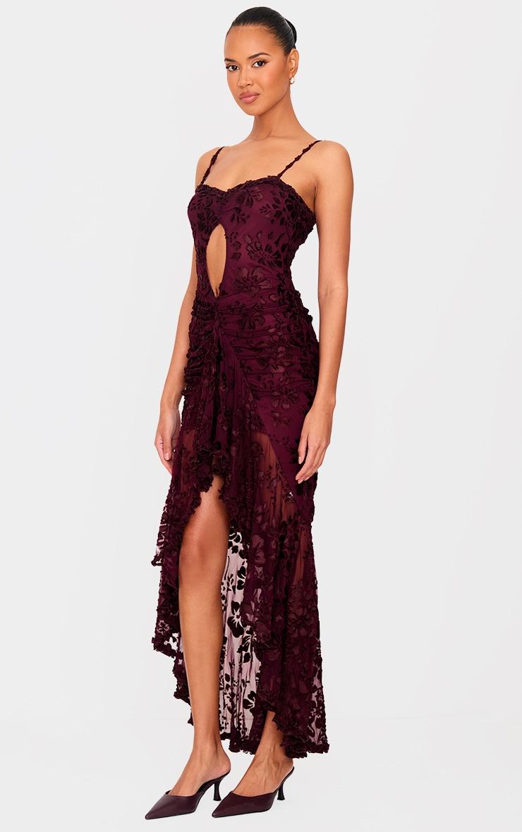 Cherry Red Devore Cut Out Frill Detail Dress Product Image