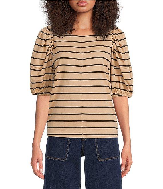Gibson & Latimer Stripe Print Knit Crew Neck 3/4 Puff Sleeve Tee Shirt Product Image