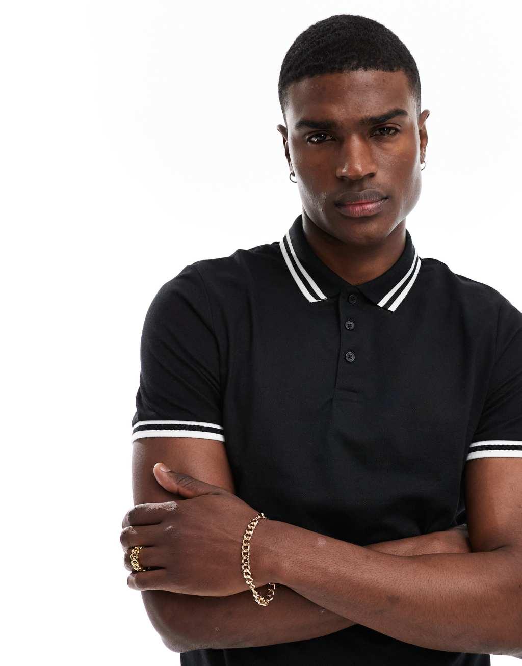 ASOS DESIGN pique polo shirt with tipping in black Product Image