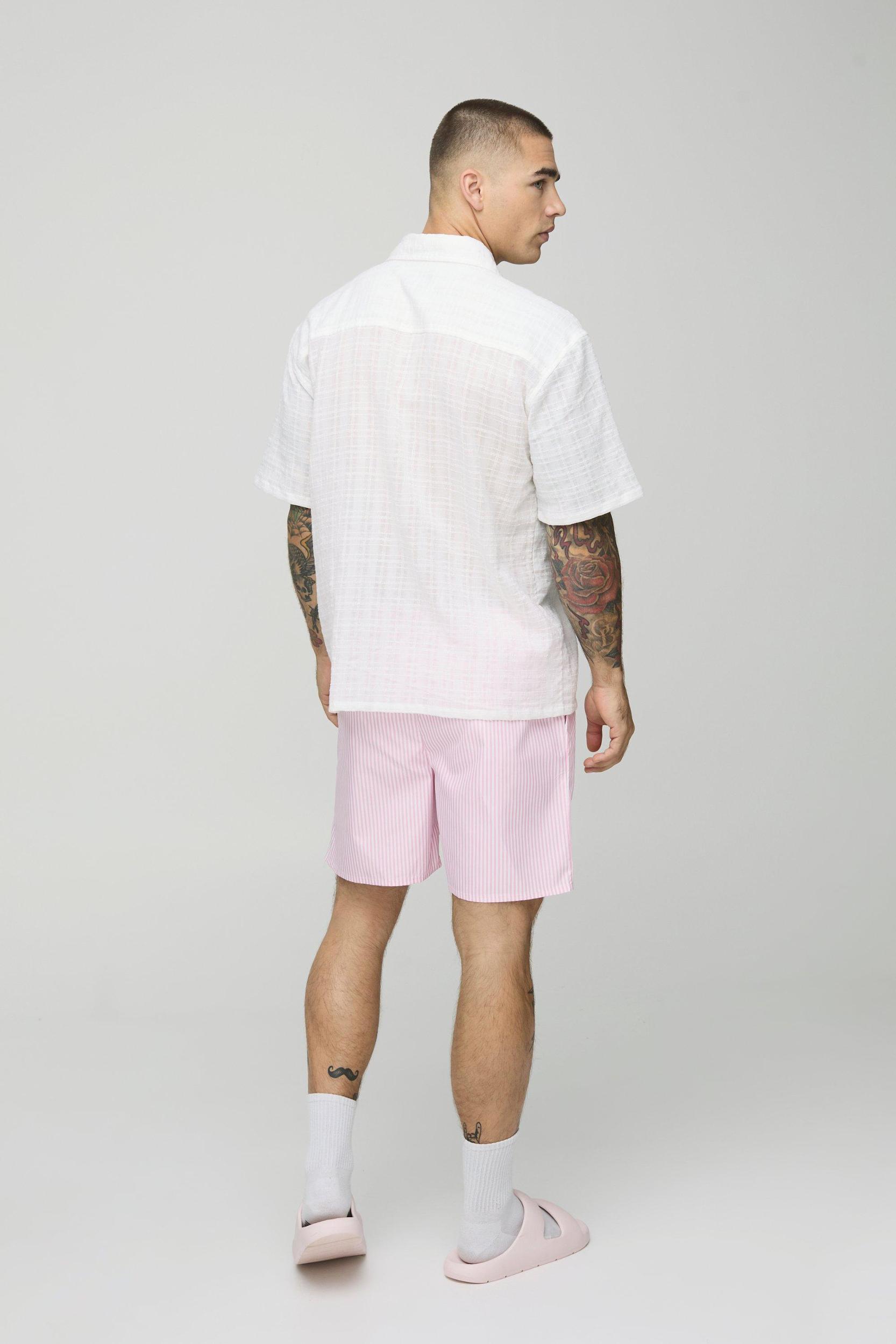 Small Stripe Print Mid Length Swim Trunks | boohooMAN USA Product Image