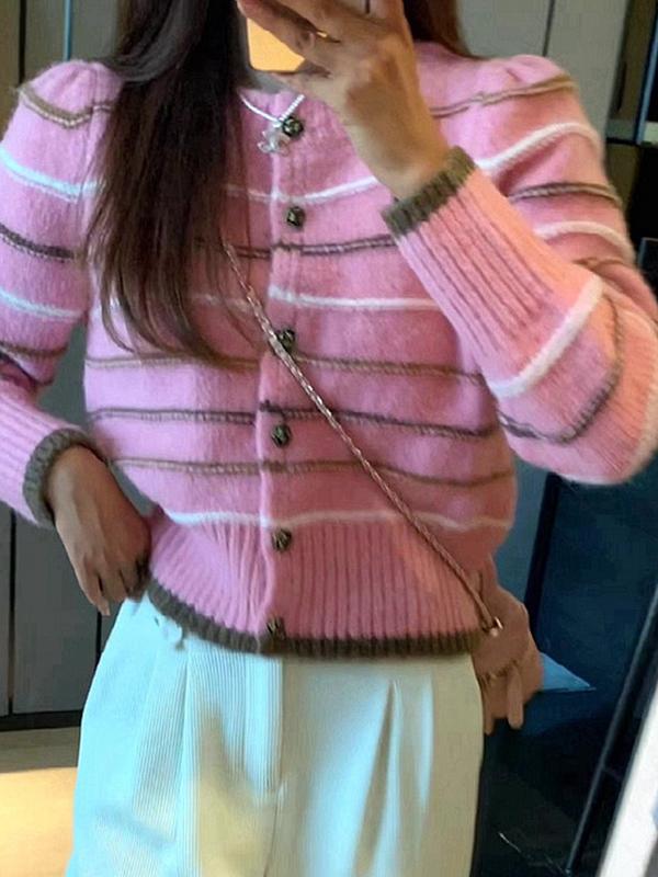 Contrast Color Striped Short Knit Cardigan Product Image