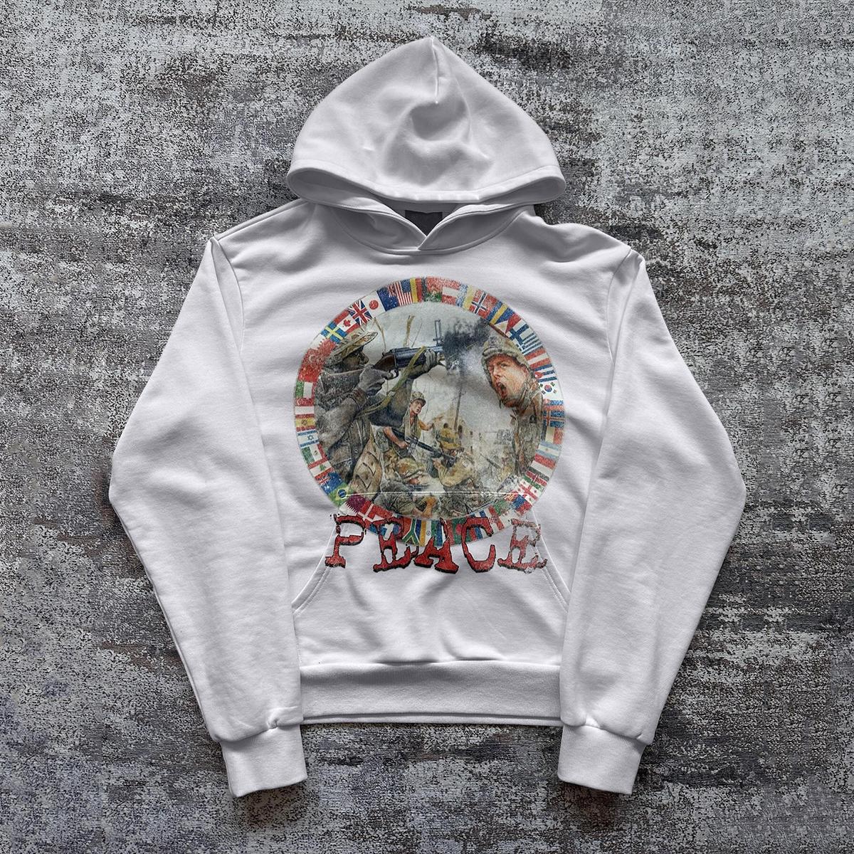 Fashion Peace In War Print Graphic Loose Hoodie Product Image