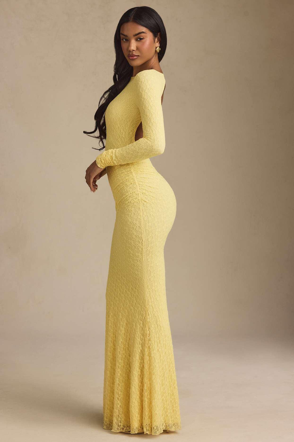 Ruched Backless Lace Maxi Dress in Pastel Yellow Product Image
