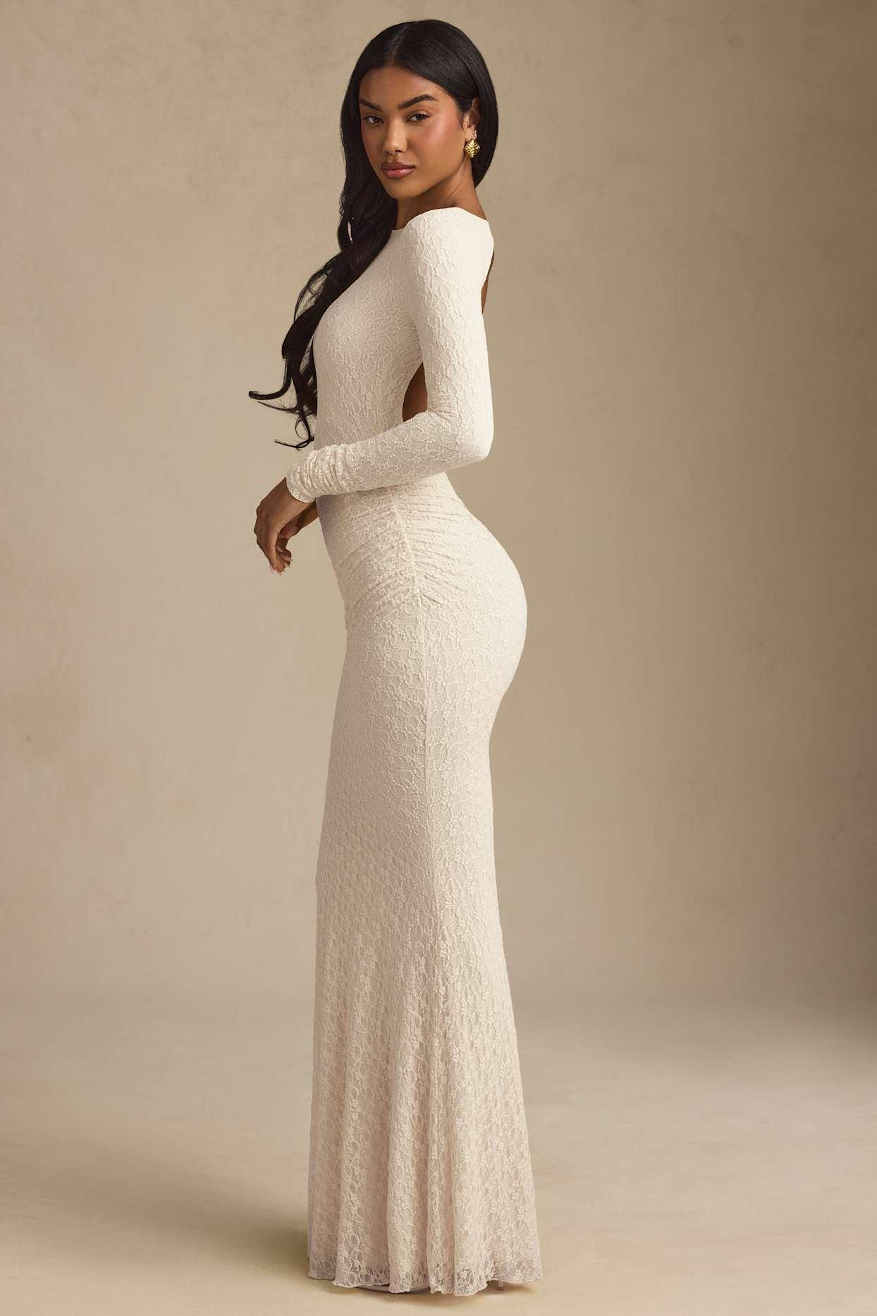 Ruched Backless Lace Maxi Dress in Ivory Product Image