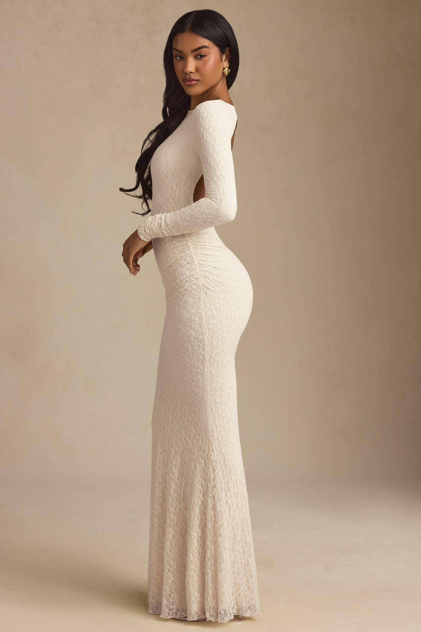 Ruched Backless Lace Maxi Dress in Ivory Product Image