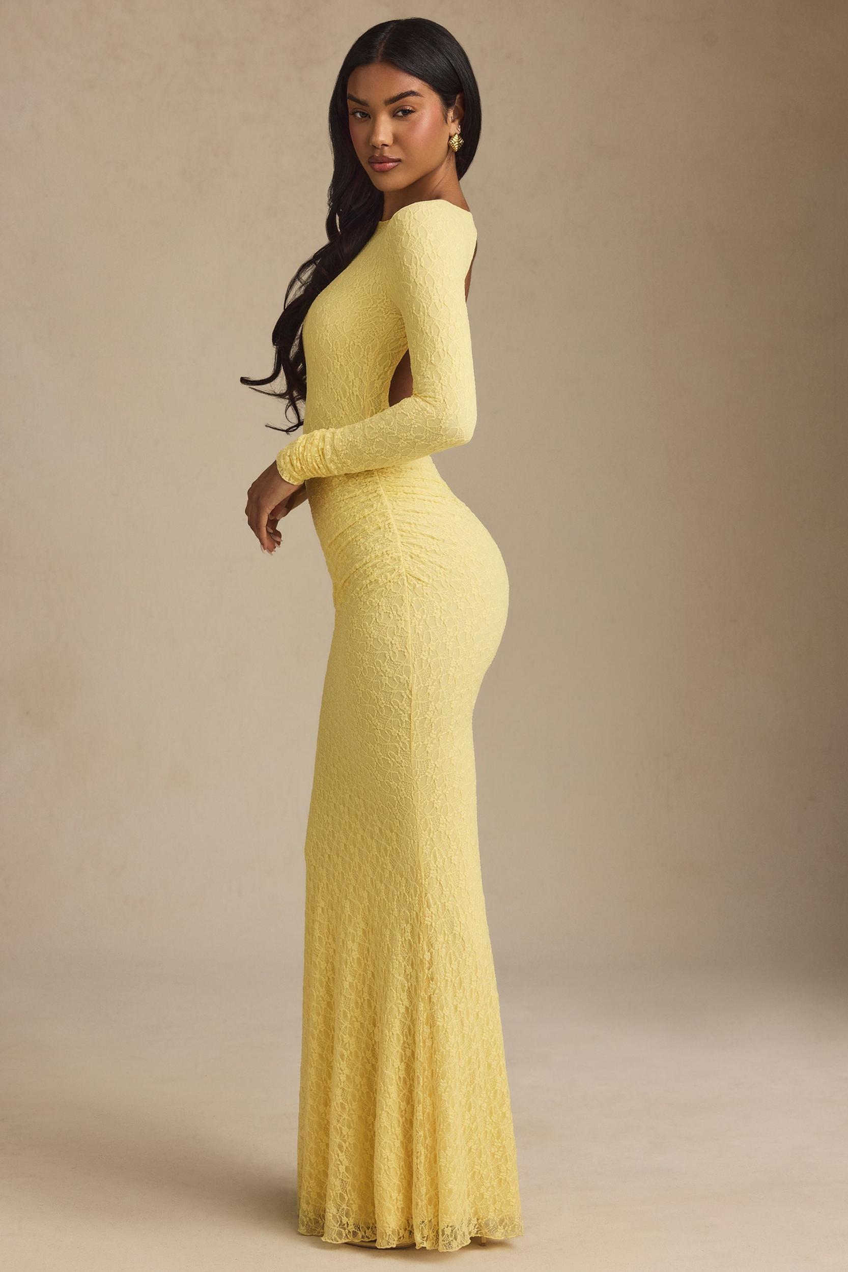 Ruched Backless Lace Maxi Dress in Pastel Yellow Product Image