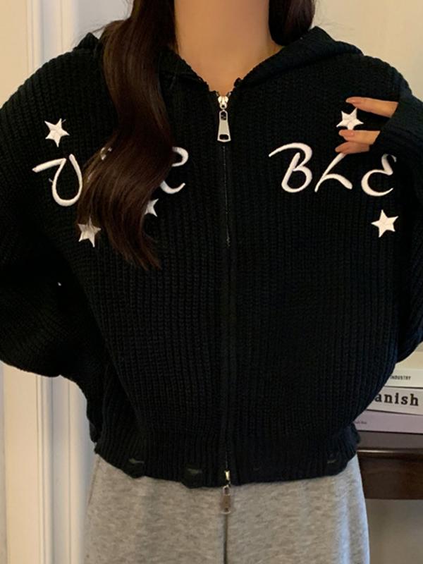 Star Letter Embroidered Hooded Double Zip Tattered Cardigan Product Image