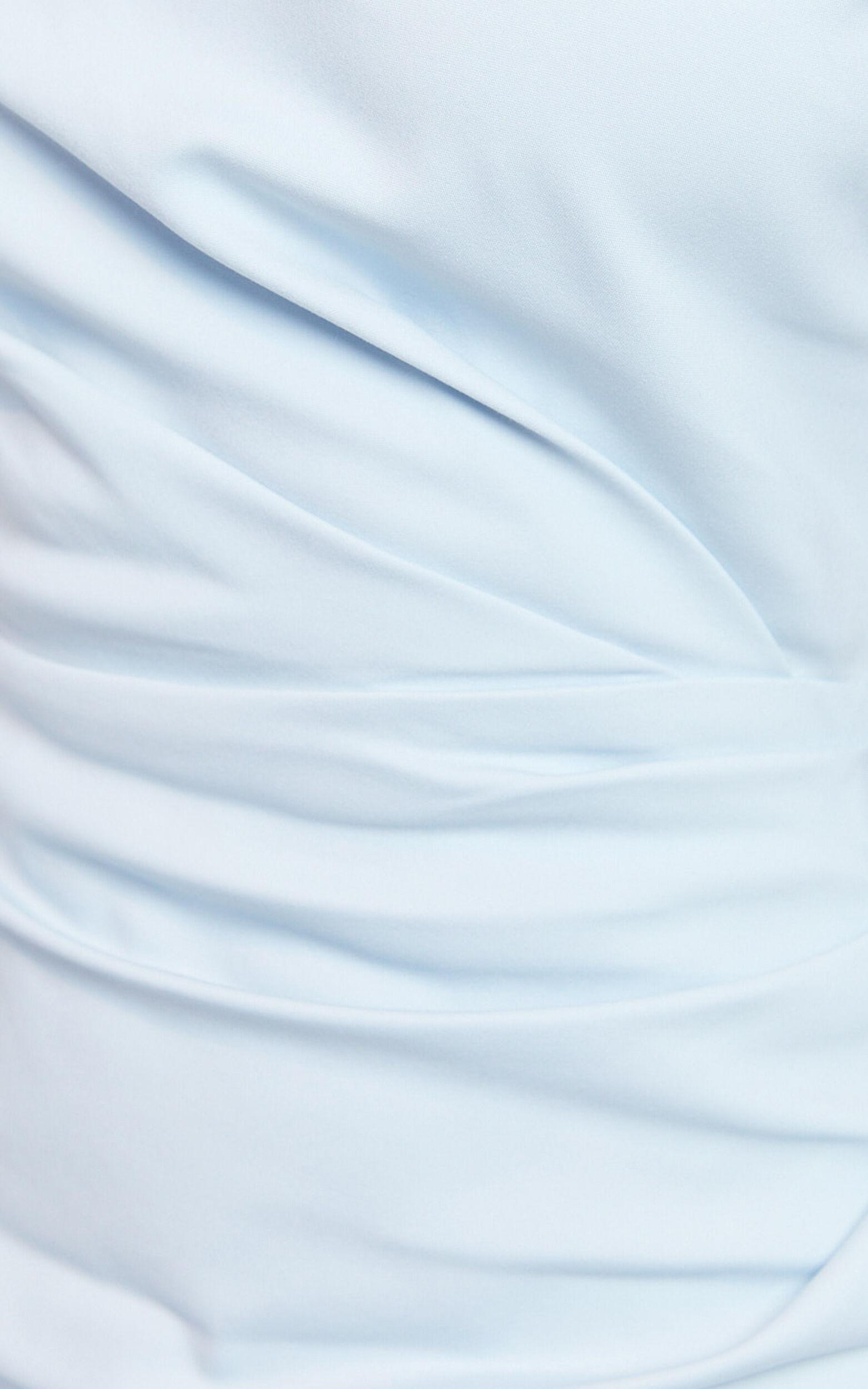 Alexandria Midi Dress - Tip Shoulder Draped Fitted Dress in Blue Product Image