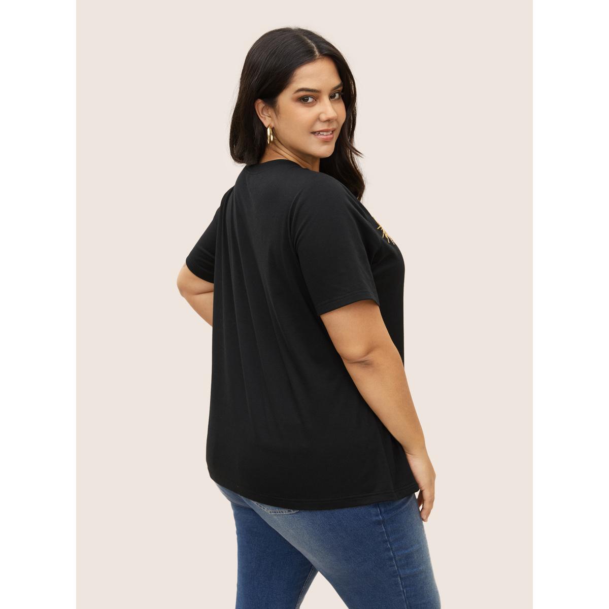 Plus Size Contrast Star Sequin Round Neck T-shirt Black Women Casual Contrast Star and moon Round Neck Everyday T-shirts BloomChic 18-20/2X Product Image