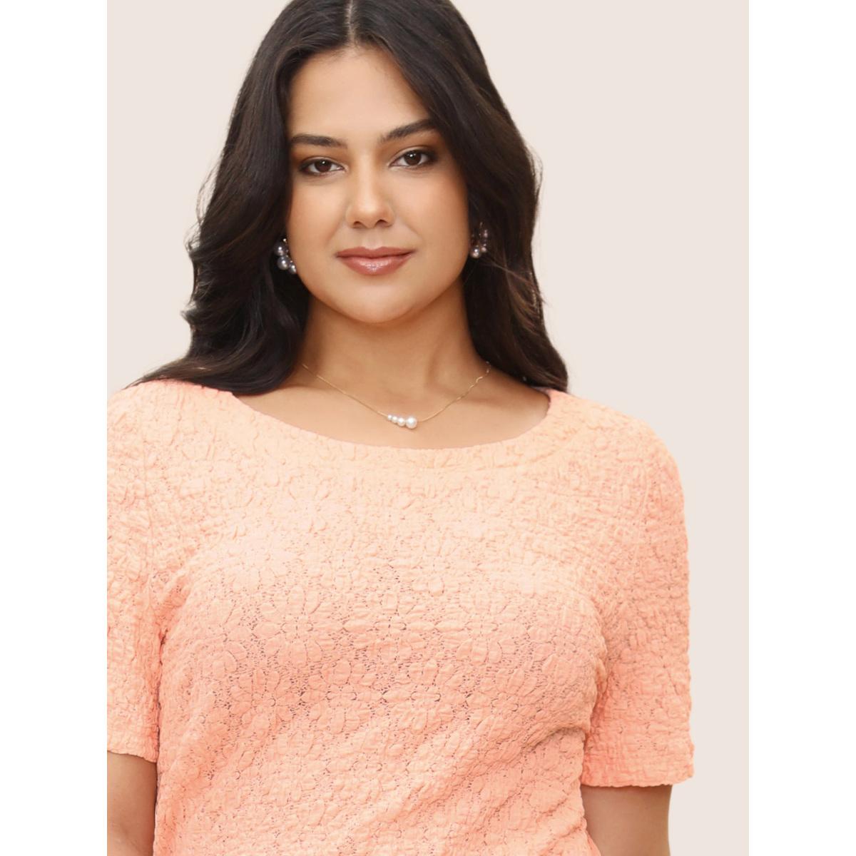 Plus Size Solid Texture Jacquard Crew Neck T-shirt Crepe Women Elegant Texture Round Neck Everyday T-shirts BloomChic 12/L Product Image