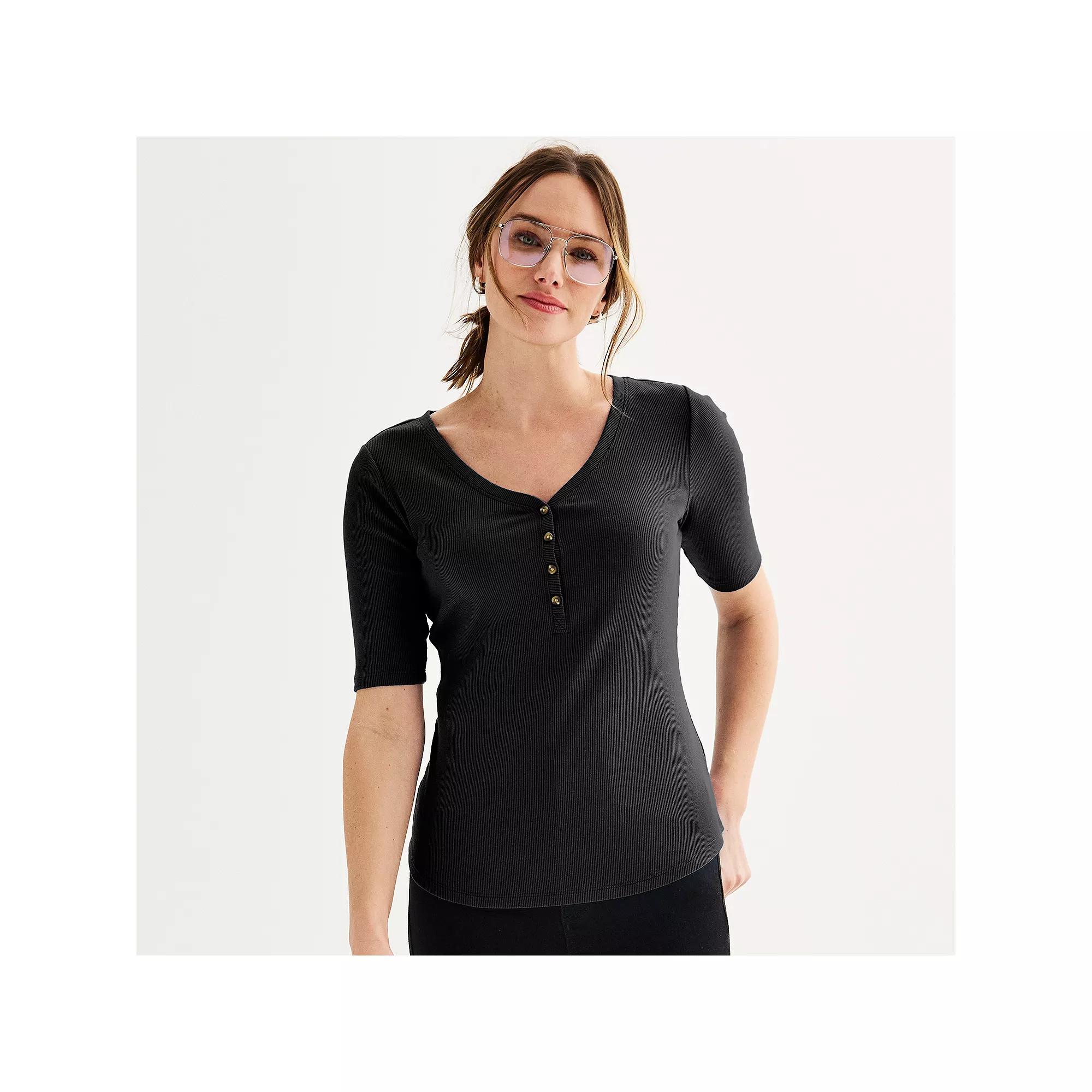 Petite Sonoma Goods For Life® Slim Fit Elbow Sleeve Henley Top, Women's, Size: XXL Petite, Pitch Black Product Image