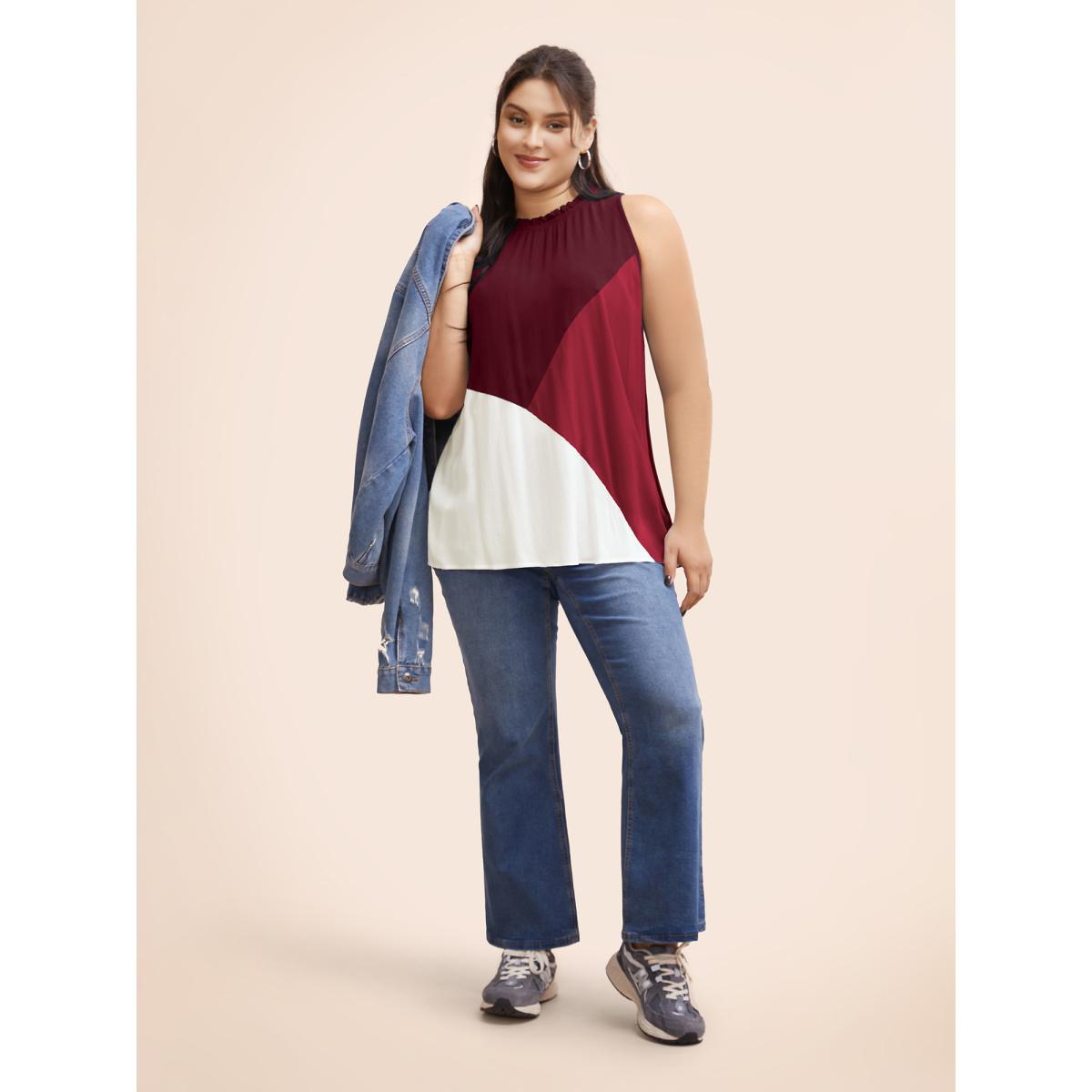 Plus Size Colorblock Contrast Frill Trim Gathered Tank Top Women Burgundy Casual Contrast Mock Neck Everyday Tank Tops Camis BloomChic 14-16/1X Product Image