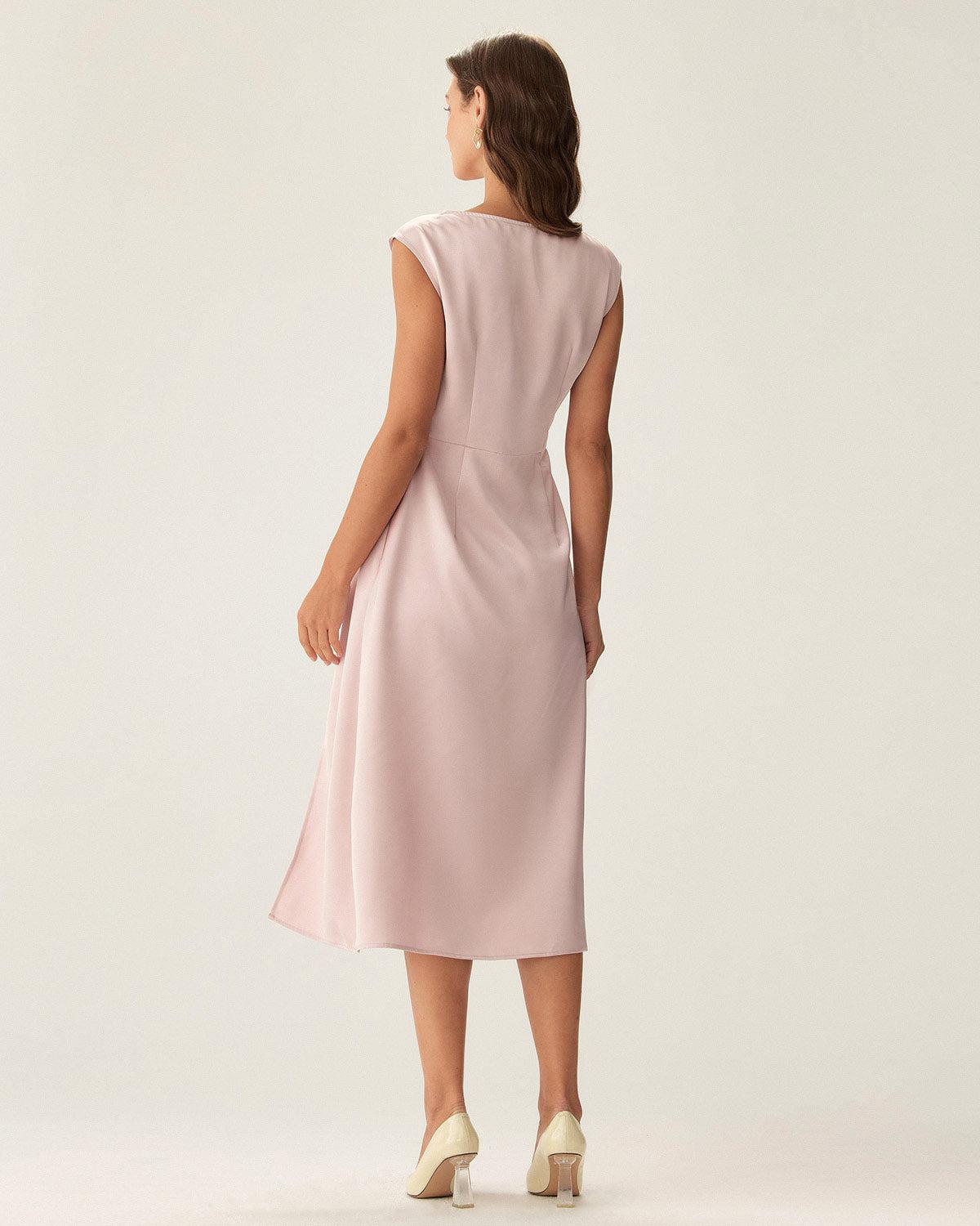Pink Satin Boat Neck Slit Sleeveless Midi Dress Product Image