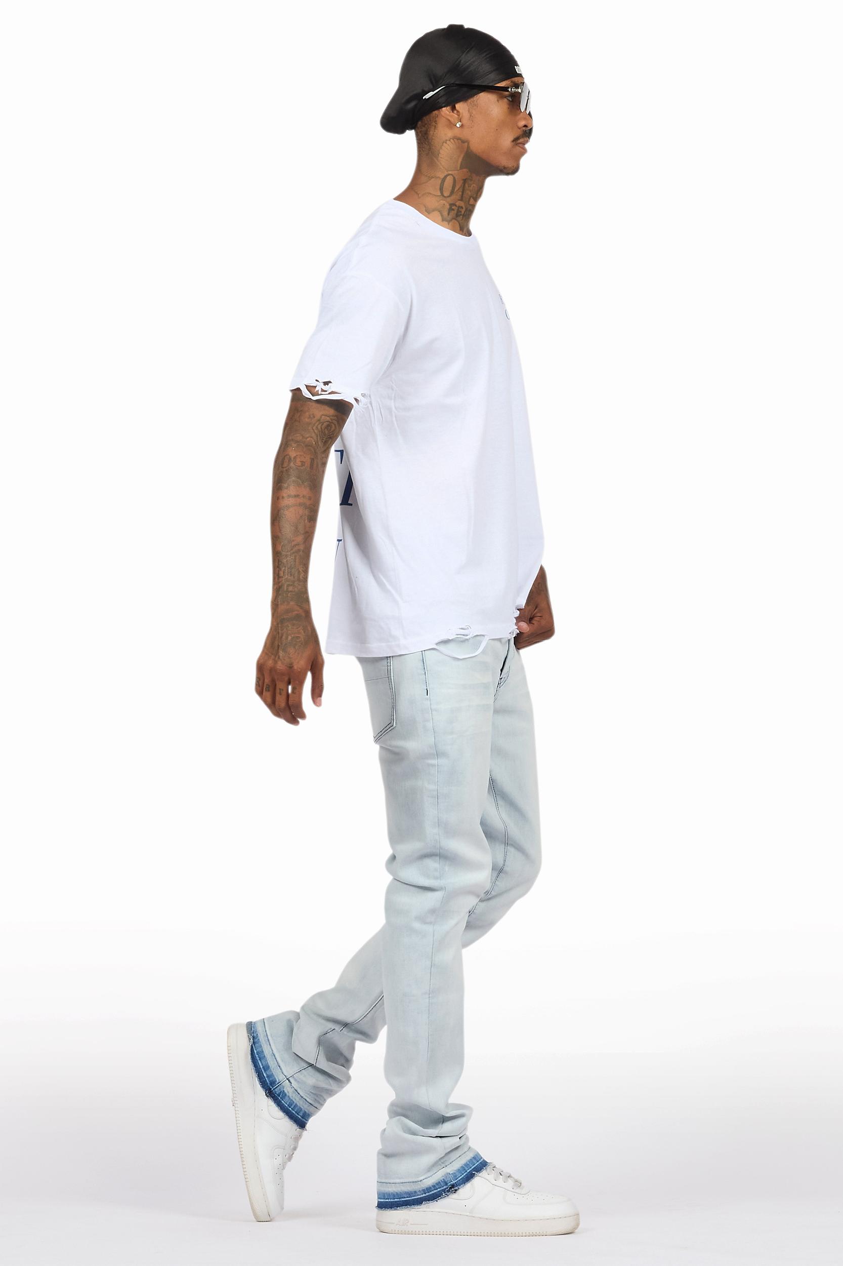 Drako White/Blue Oversized Graphic T-Shirt/Dag Stacked Flare Jean Set Male Product Image