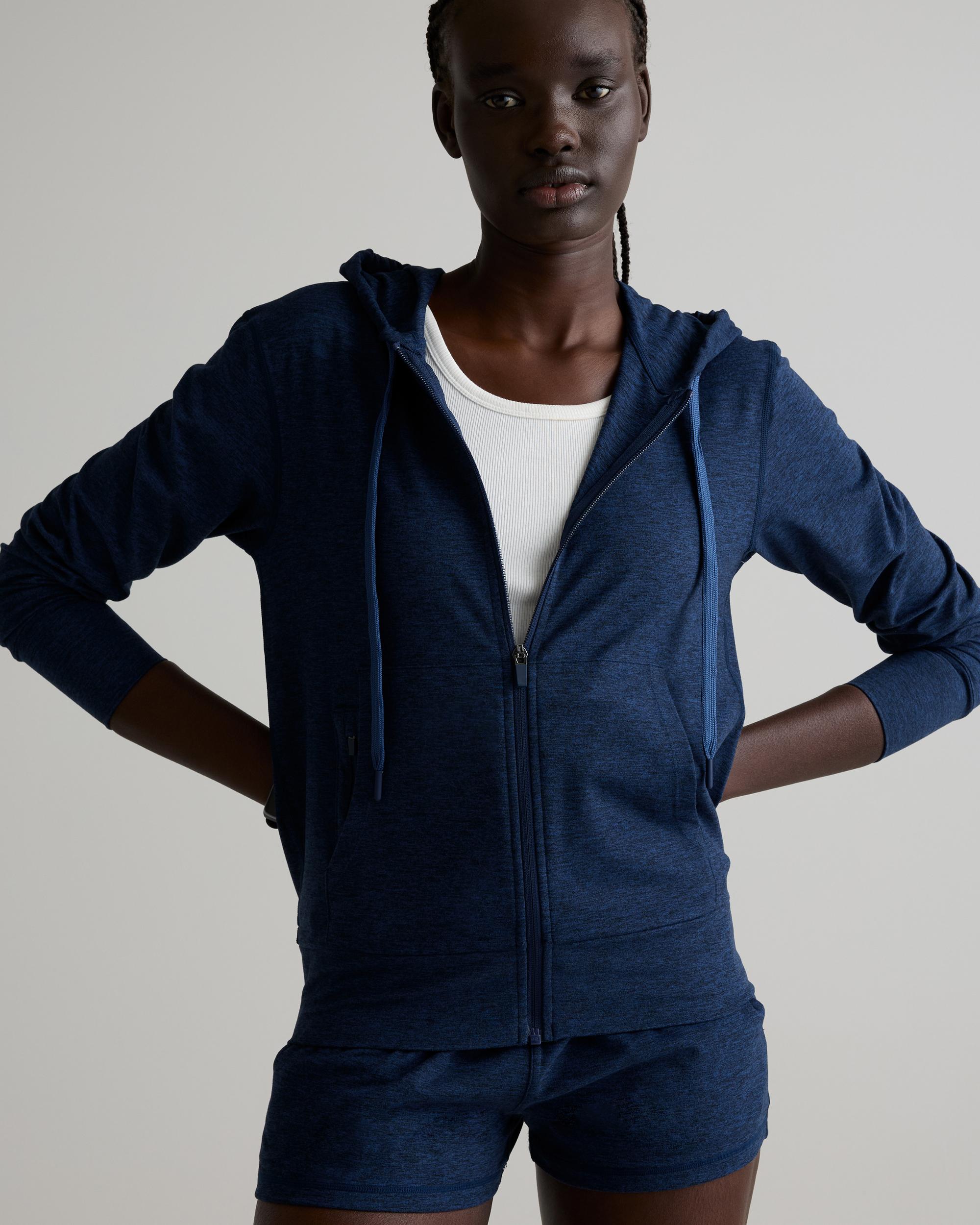 Quince | Women's Super Soft Performance Full Zip Hoodie in Navy, Flowknit Activewear, Size XL, Recycled Polyester Product Image