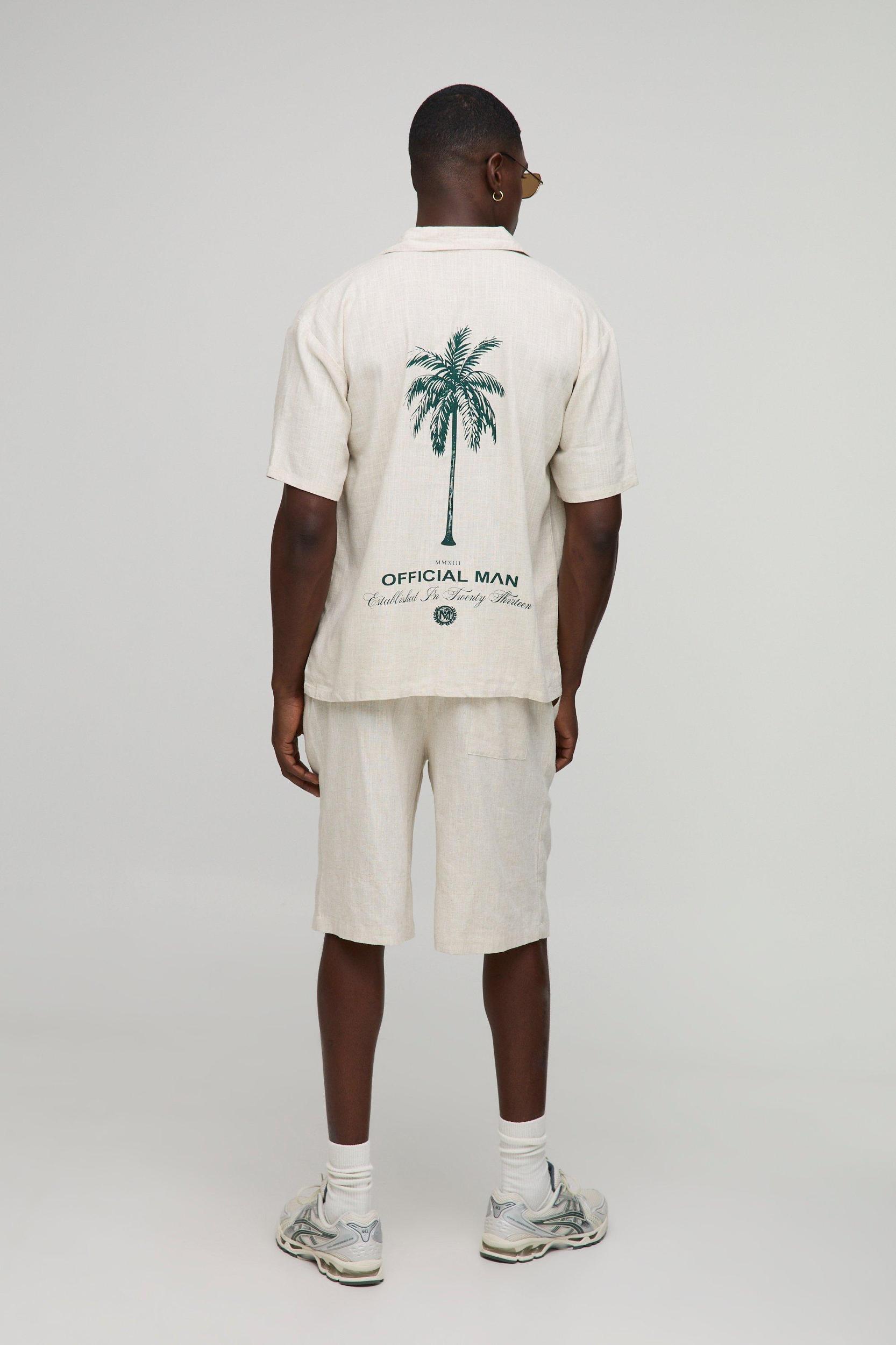 Oversized Revere Heavyweight Linen Palm Tree Printed Shirt | boohooMAN USA Product Image