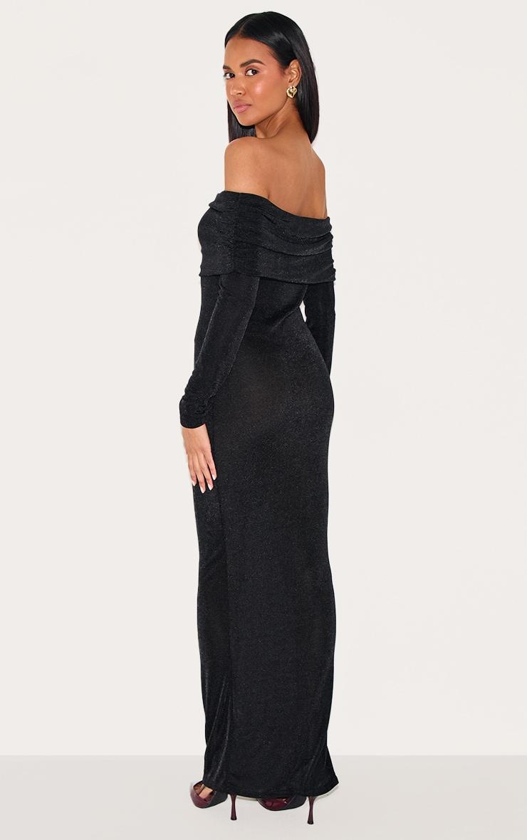 Black Acetate Slinky Bardot Long Sleeve Maxi Dress Product Image