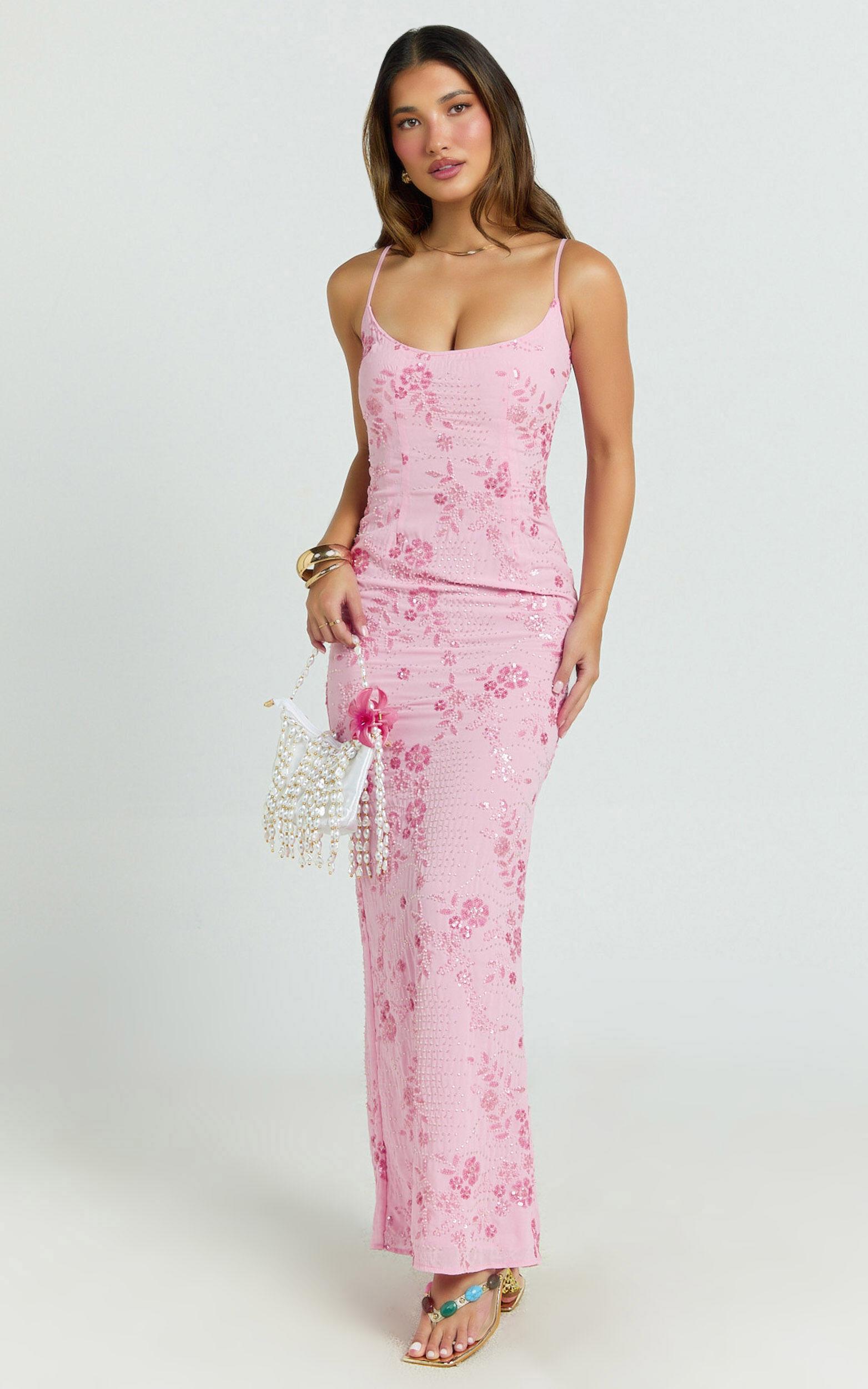 Shari Maxi Dress - Strappy Scoop Neck Column Fitted Sequin Mesh Dress in Pink Product Image