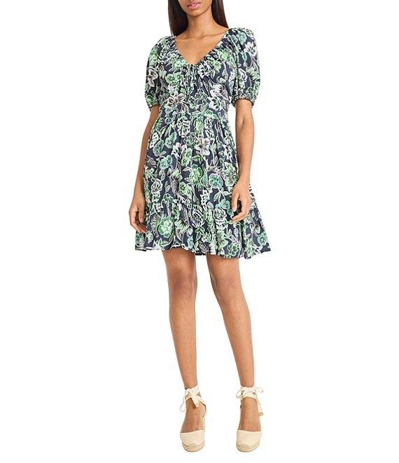 The Good Journey V-Neck Short Sleeve Floral Printed Challis Flounce Hem A-Line Dress Product Image