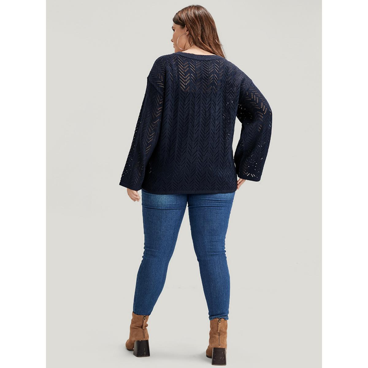 Plus Size Geometric Pointelle Knit V Neck Eyelet Knit Top Indigo Women Casual Loose Long Sleeve V-neck Dailywear Pullovers BloomChic 28/5X Product Image