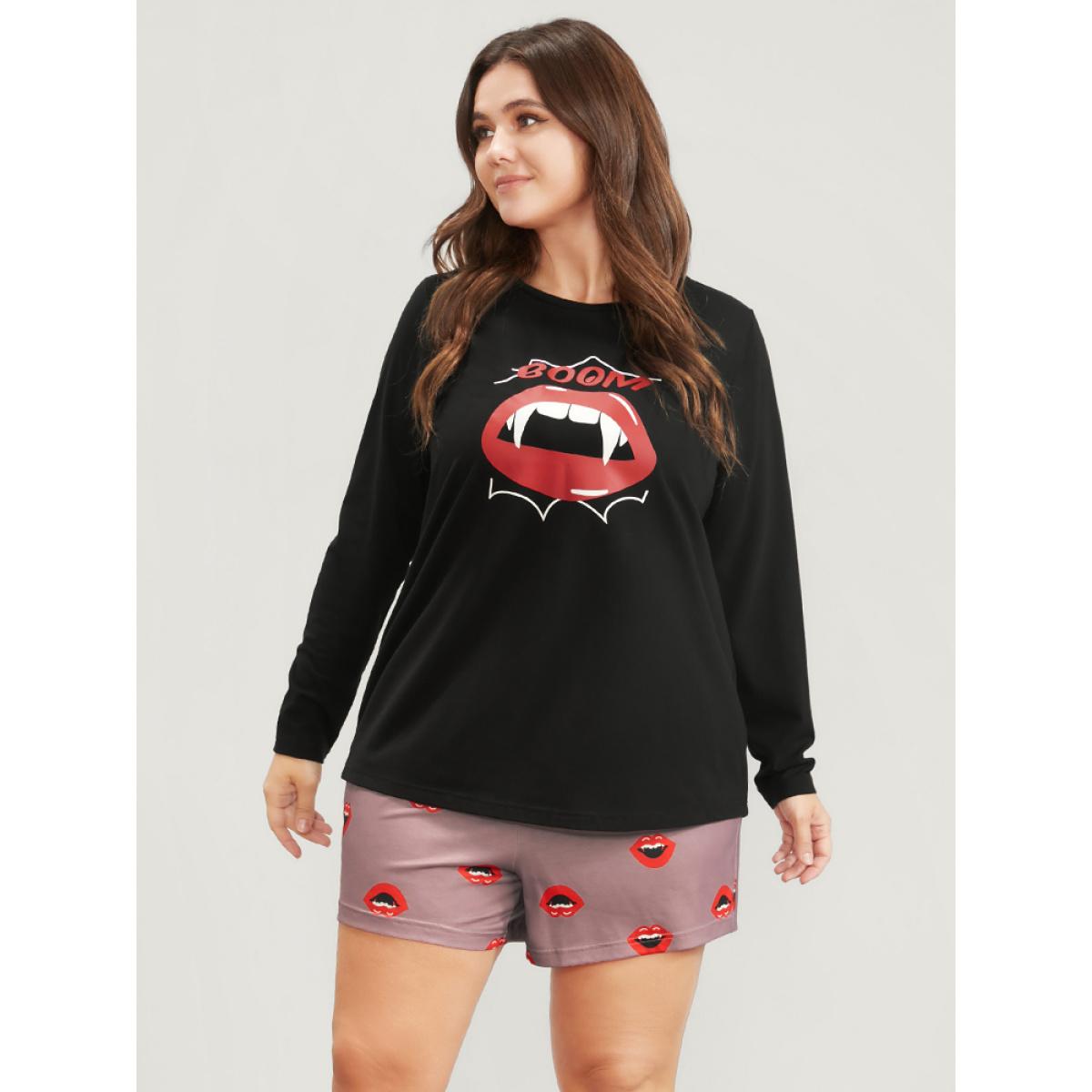 Plus Size Halloween Lip Print Pajama Set Women Black Graphic-Halloween Printed Long Sleeve Round Neck Casual Loungewear Sets BloomChic 10/M Product Image