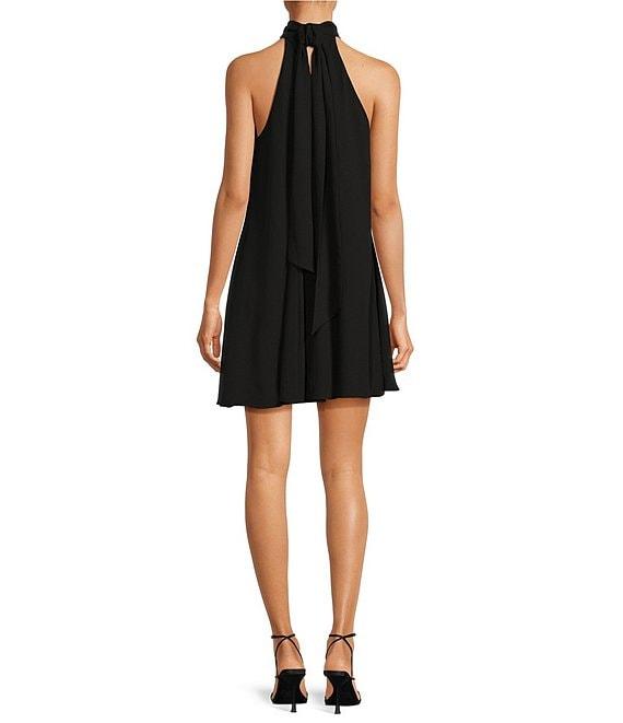 Belle by Badgley Mischka Elise Georgette Turtleneck Sleeveless Back Tie Waistless Trapeze Mini Dress Product Image