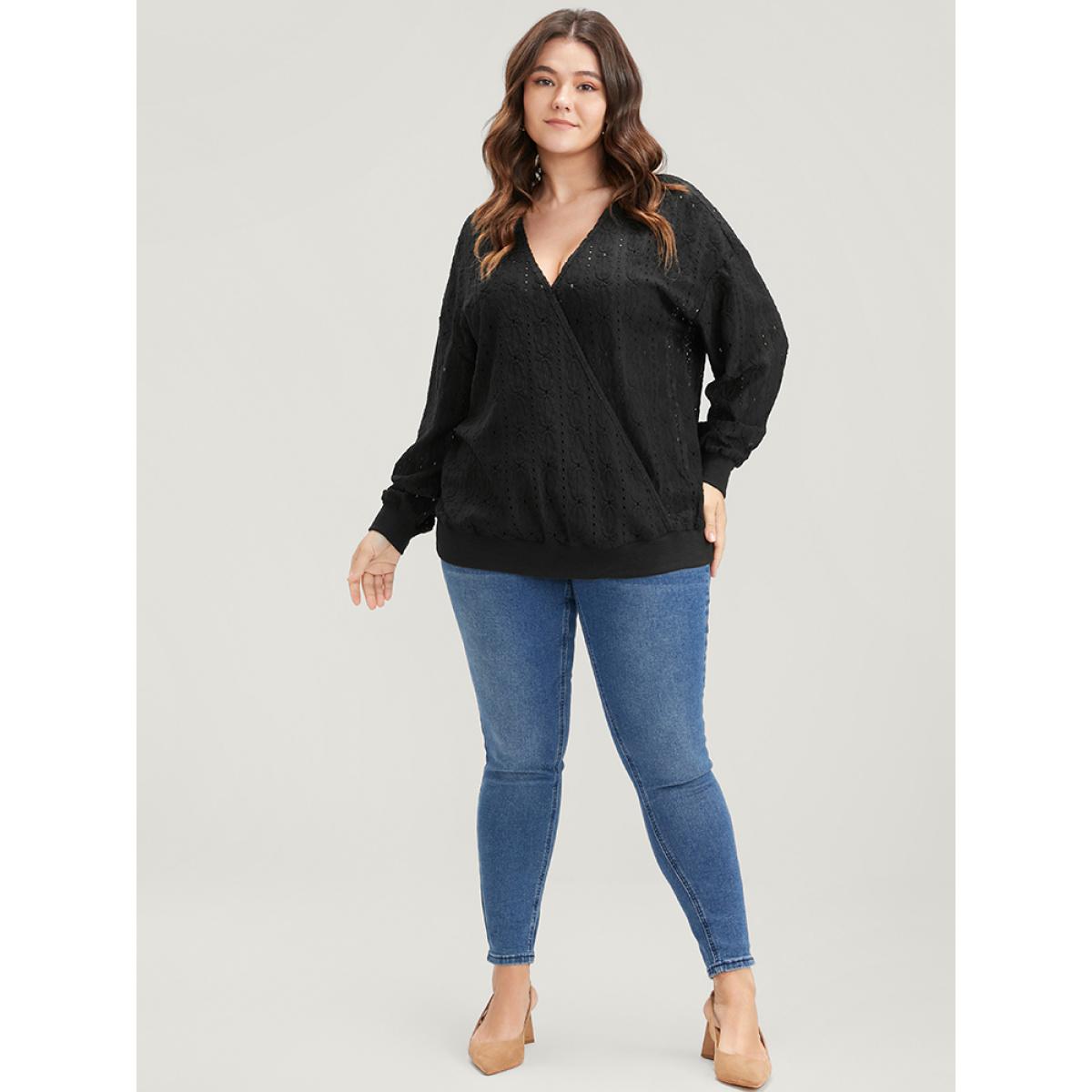 Plus Size Solid Wrap Eyelet Lace Sweatshirt Women Black Elegant Wrap V-neck Dailywear Sweatshirts BloomChic 22-24/3X Product Image
