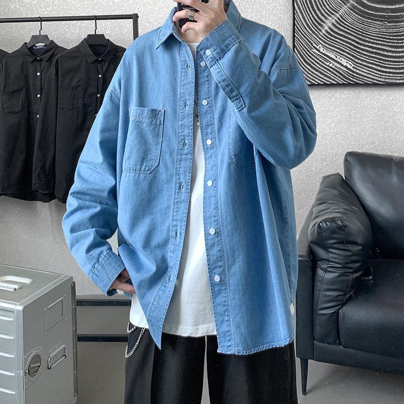 Long Sleeve Collared Washed Denim Shirt Product Image