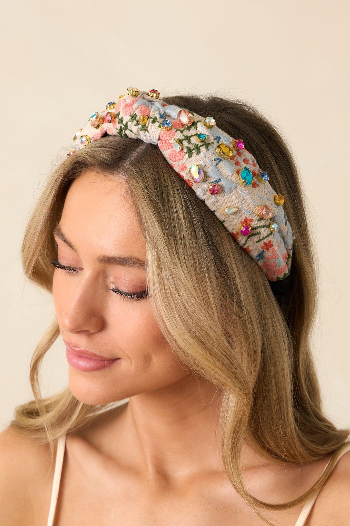 True To Yourself Beige Floral Embroidered Knot Headband Product Image