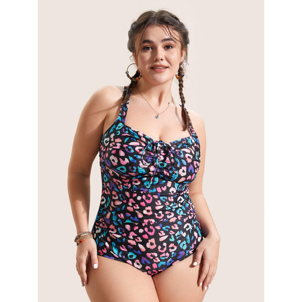 Plus Size Leopard Print Gathered Knotted One Piece Swimsuit Women's Swimwear Multicolor Beach Gathered Curve Bathing Suits High stretch One Pieces BloomChic 22-24/3X Product Image