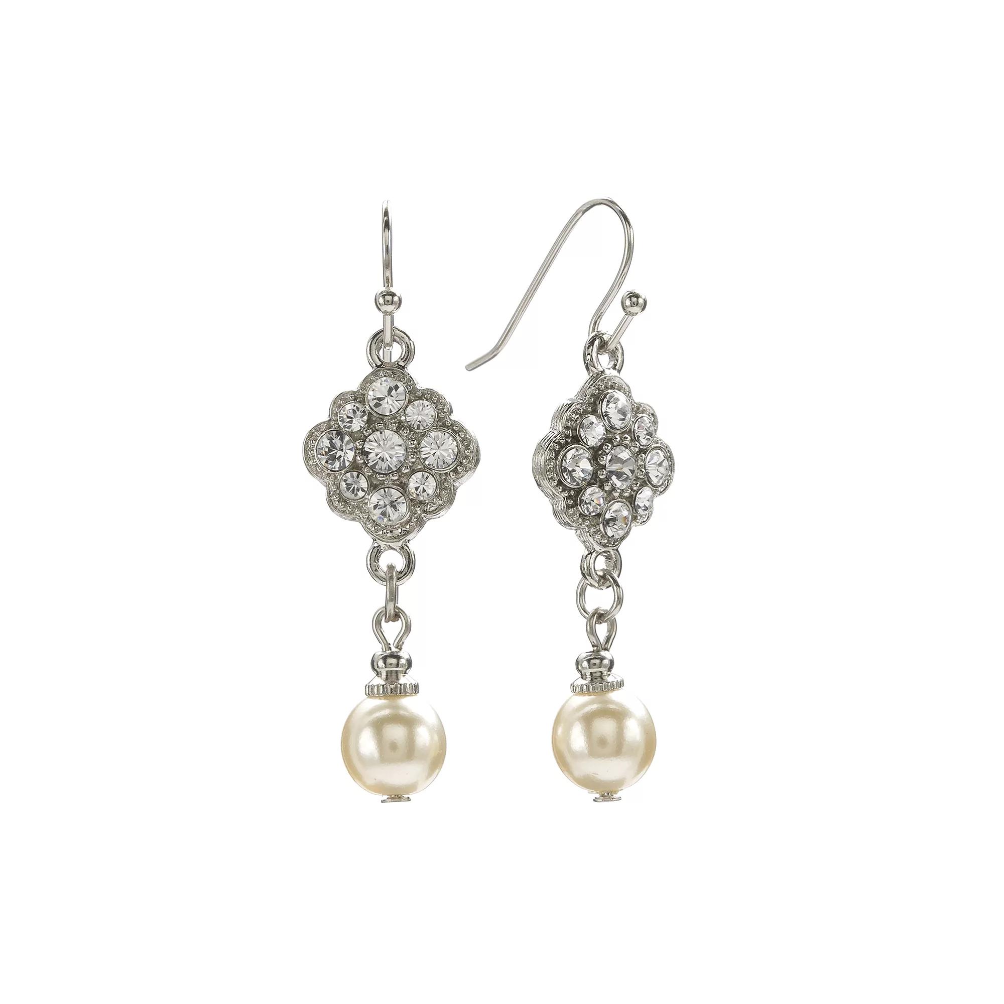 1928 Silver Tone Crystal & Simulated Pearl Drop Earrings, Women's, Grey Product Image