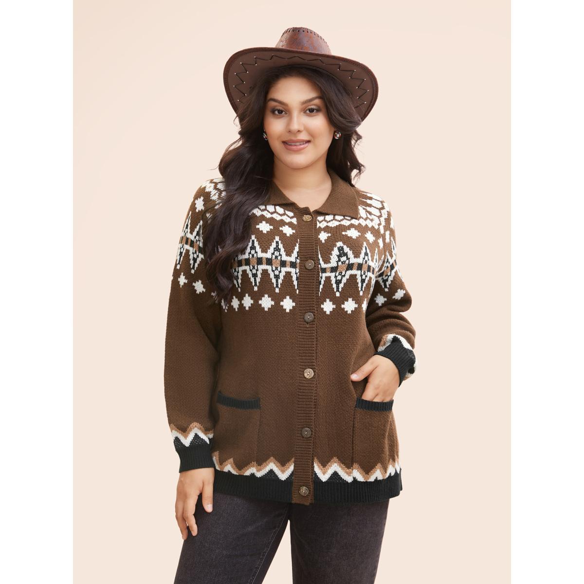 Plus Size Fair Isle Collared Button Down Cardigan DarkBrown Women Casual Loose Long Sleeve Everyday Cardigans BloomChic 18-20/2X Product Image