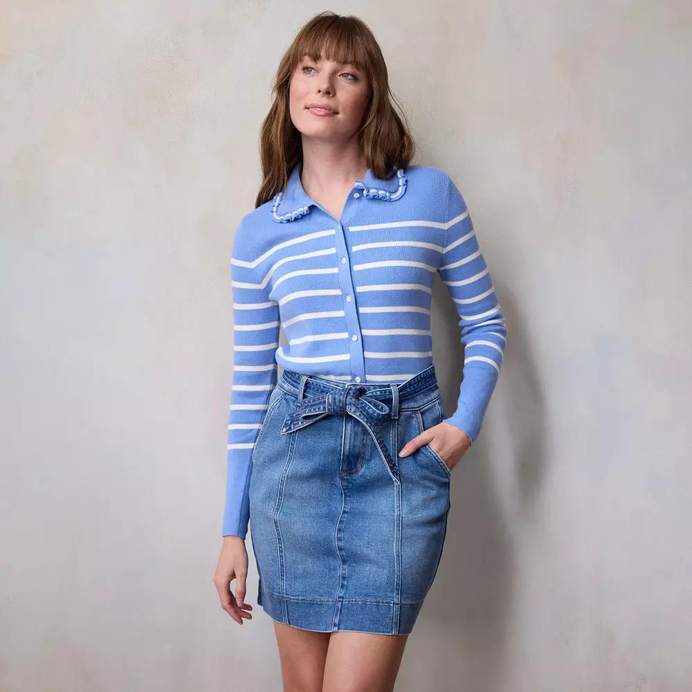 Women's LC Lauren Conrad Knitted Collared Cardigan, Size: Small, Blue Bayside Stripe Product Image