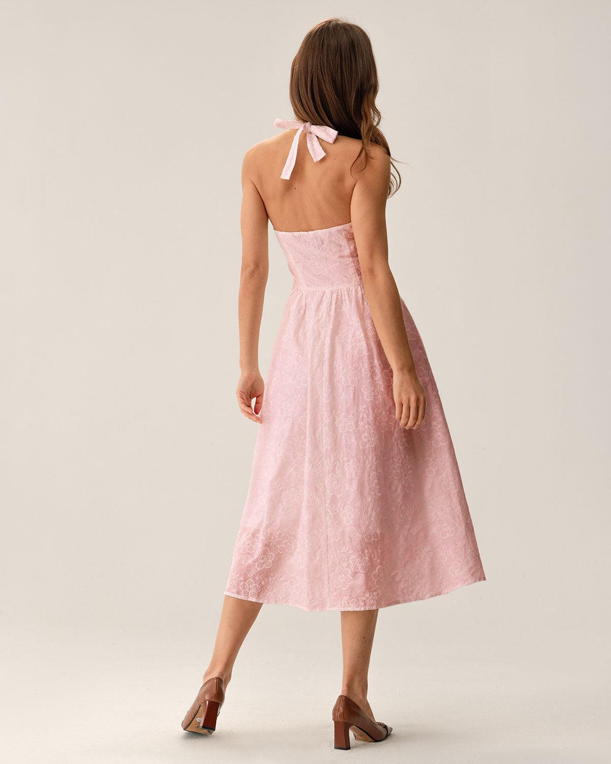 Pink Embroidery Halter Midi Dress Product Image