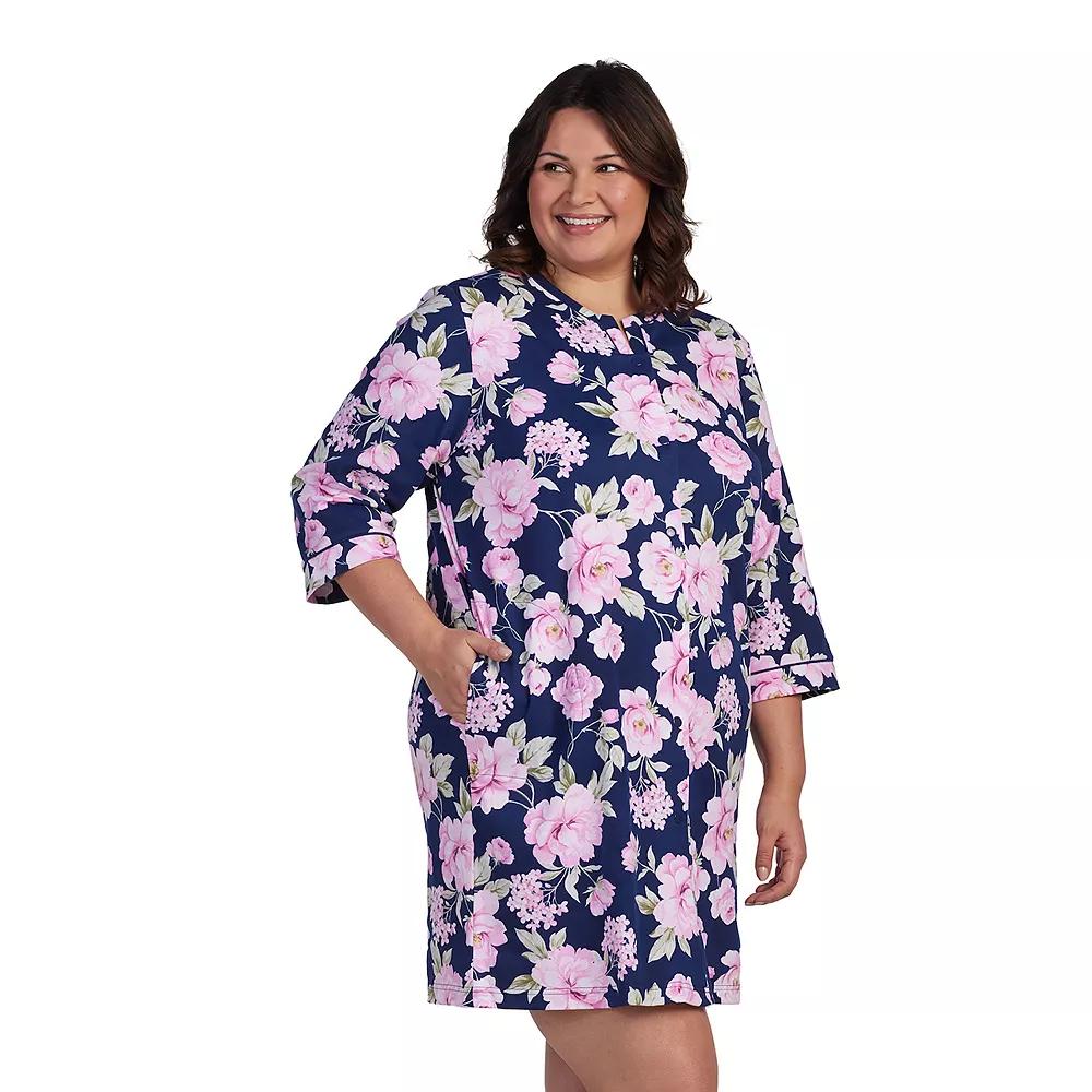 Plus Size Miss Elaine Essentials Interlock Knit Short Zip Robe, Women's, Size: 2XL, Pink Roses Product Image